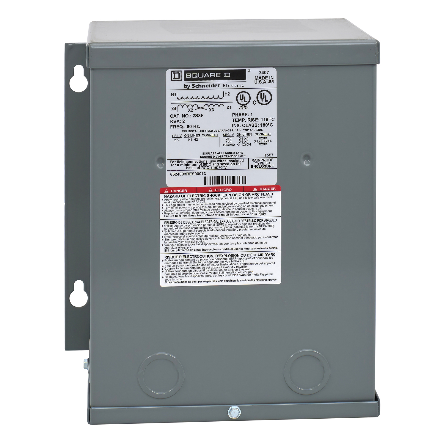 2S8F Dry Sealed Low Voltage Transformer, 277 V AC Primary, 120/240 VAC Secondary, 2 kVA Power Rating, 60 Hz, 1 Phase