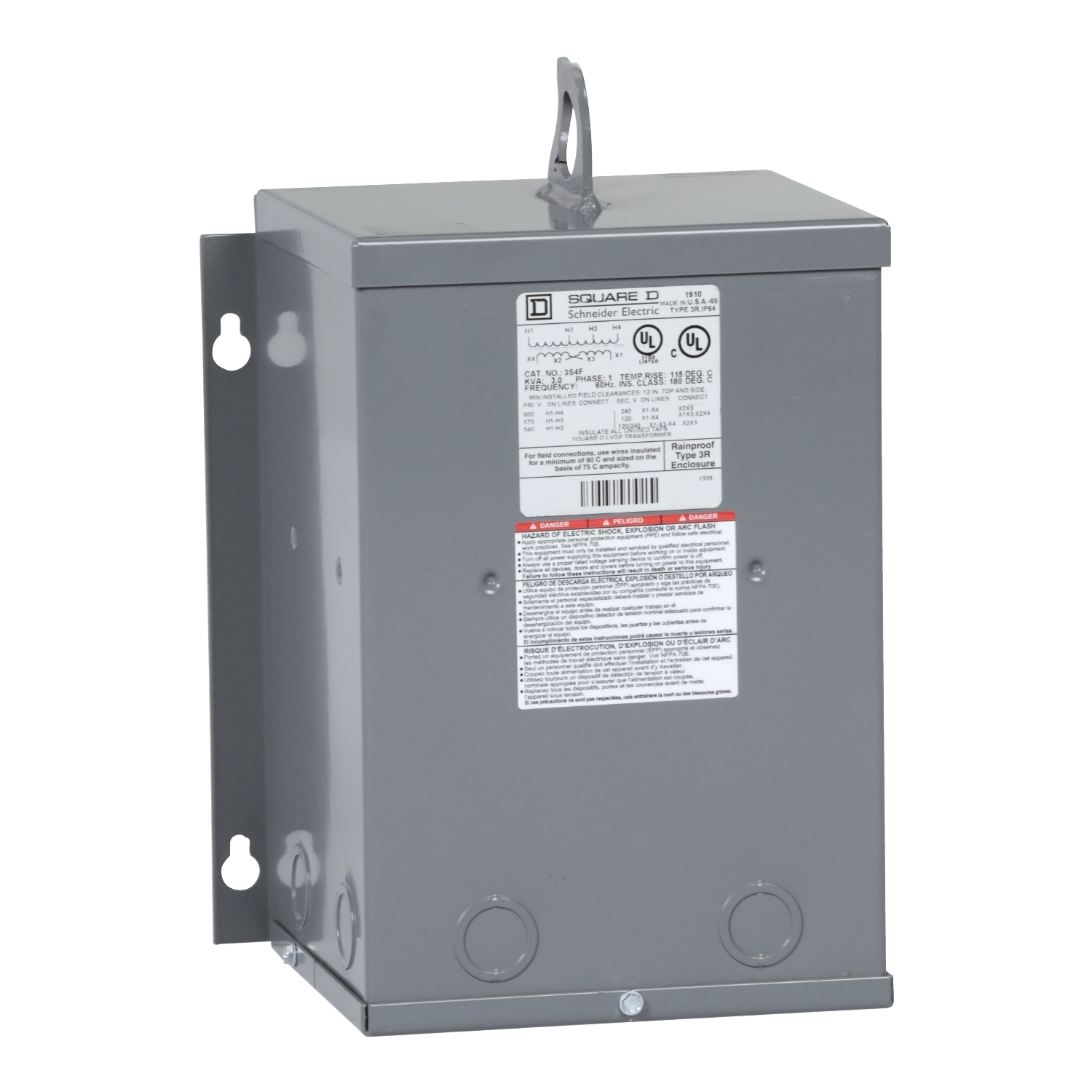3S4F Dry Sealed Low Voltage Transformer, 600 V AC Primary, 120/240 VAC Secondary, 3 kVA Power Rating, 60 Hz, 1 Phase