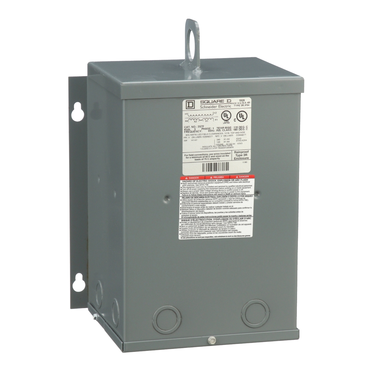 3S7F Dry General Purpose Sealed Transformer, 208 V AC Primary, 120/240 VAC Secondary, 3 kVA Power Rating, 60 Hz, 1 Phase