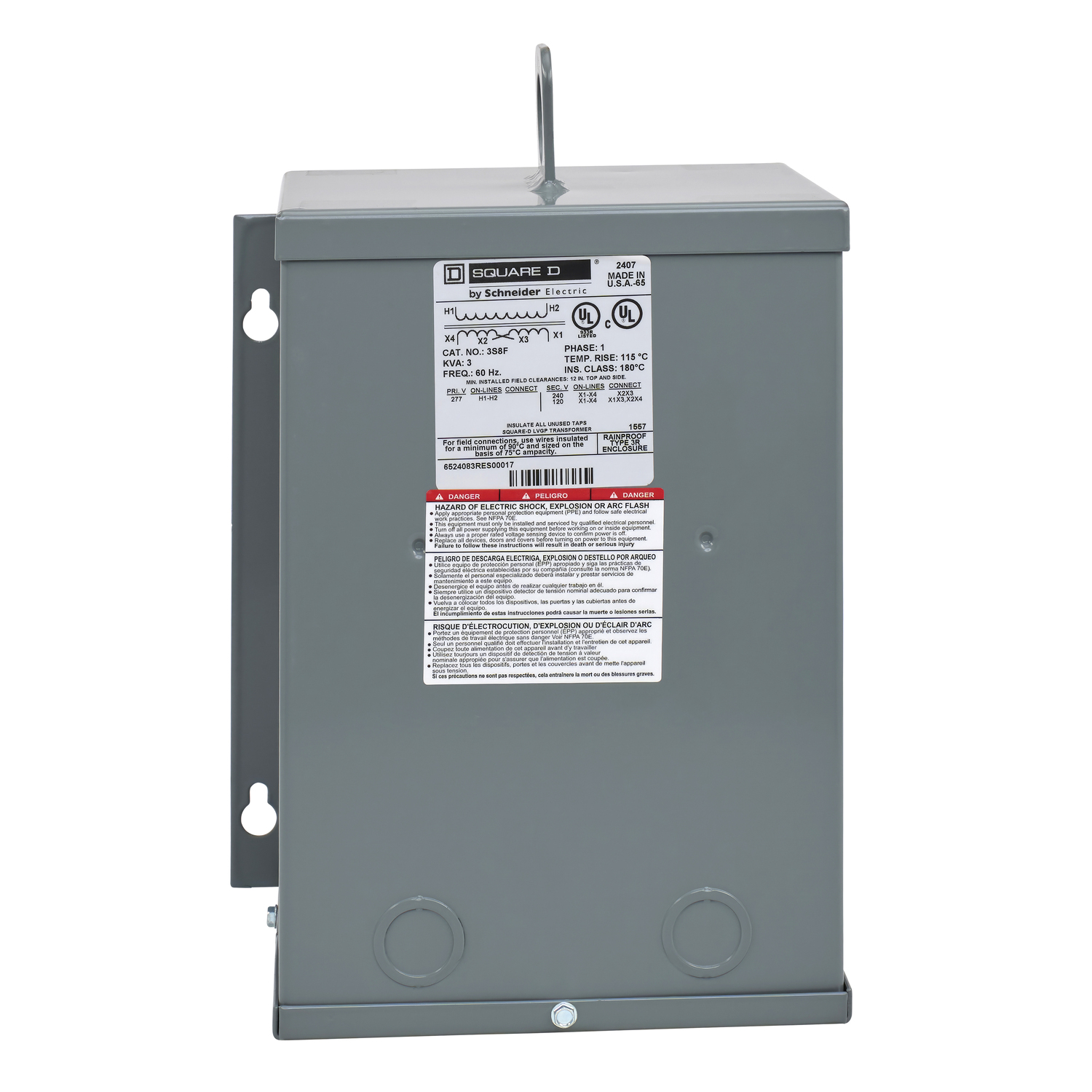 3S8F Dry Sealed Low Voltage Transformer, 277 V AC Primary, 120/240 VAC Secondary, 3 kVA Power Rating, 60 Hz, 1 Phase