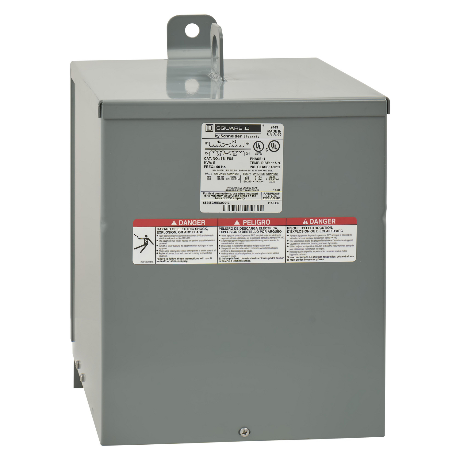 5S1FSS Dry Sealed Low Voltage Transformer, 240/480 V AC Primary, 120/240 VAC Secondary, 5 kVA Power Rating, 60 Hz, 1 Phase