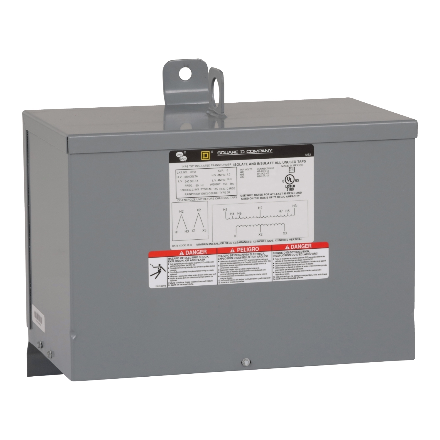 6T5F Dry Sealed General Purpose Transformer, 480 Delta V AC Primary, 240 Delta VAC Secondary, 6 kVA Power Rating, 60 Hz, 3 Phase