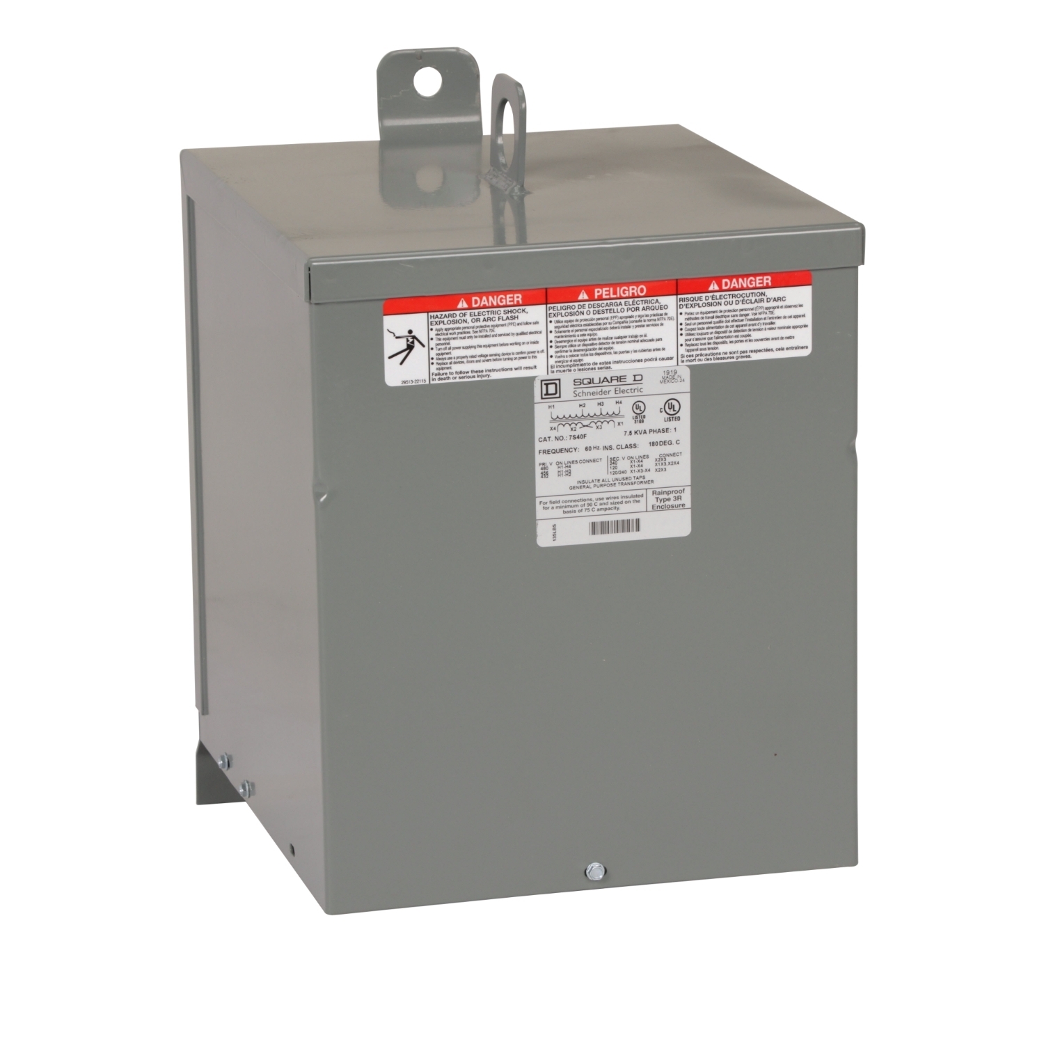 7S40F Dry Sealed Low Voltage Transformer, 240/480 V AC Primary, 120/240 VAC Secondary, 7.5 kVA Power Rating, 60 Hz, 1 Phase