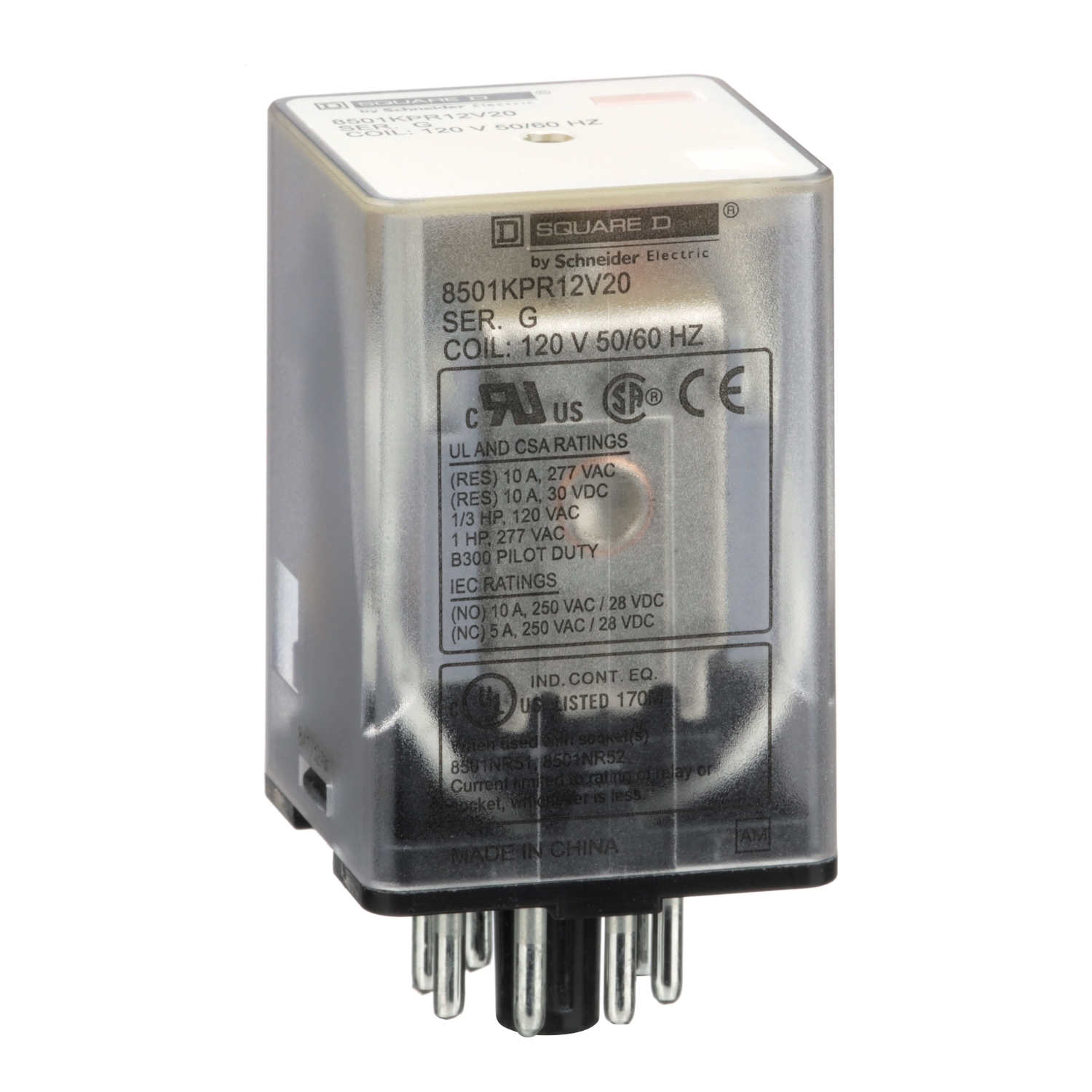 8501KPR12V20 Type KP Plug-In Relay With Standard Cover, 10 A, 8 Pin, 2CO 2 Form C DPDT Contact, 300 V AC, 30 V DC V Coil