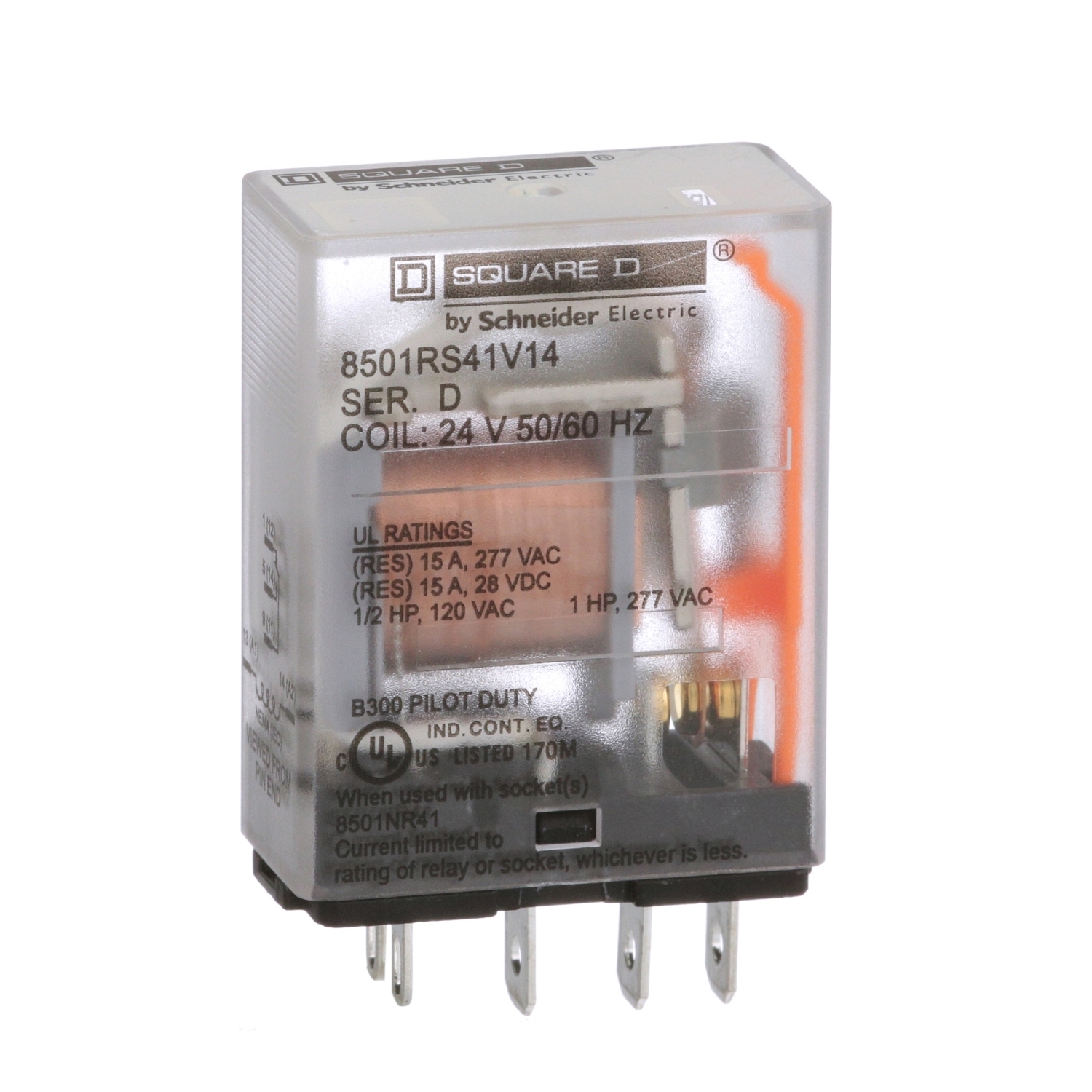 8501RS41V14 Type R Standard Miniature Plug-In Relay, 10 to 15 A, 5 Pin, 1 Form C SPDT Contact, 300 V AC, 30 V DC V Coil