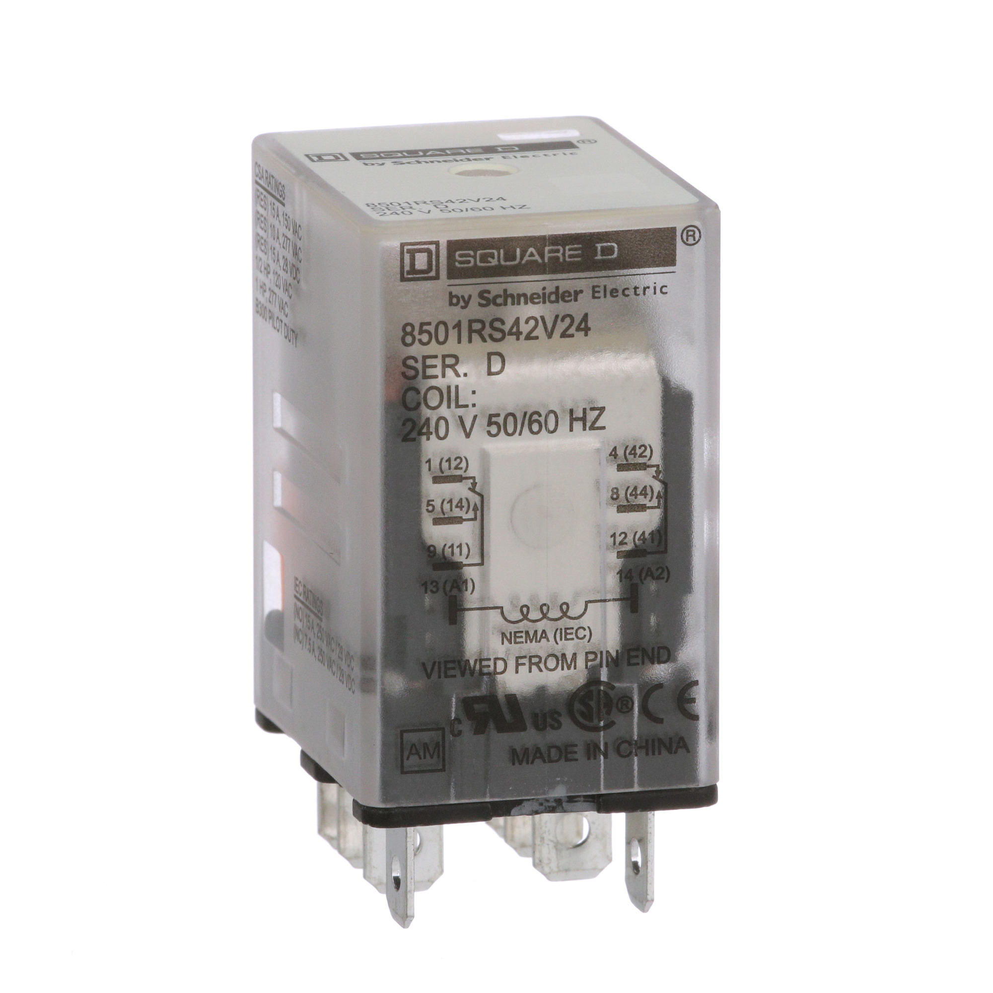 8501RS42V24 Type R Miniature Relay With Standard Cover, 10 A, 2NO-2NC 2 Form C DPDT Contact, 240 V AC V Coil