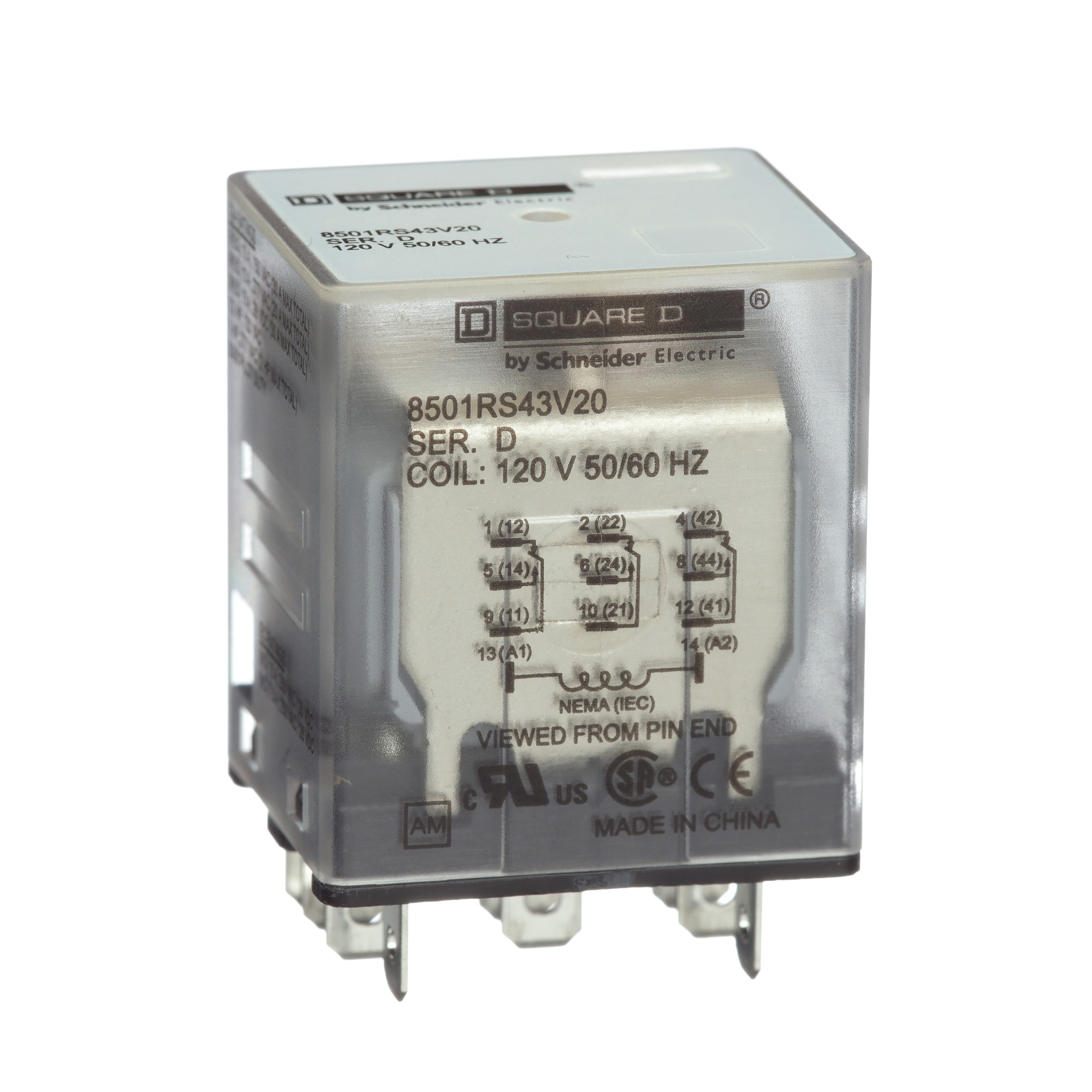 8501RS43V20 Type R Standard Miniature Plug-In Relay With Standard Cover, 12 A, 3 Form C 3PDT Contact, 300 V AC, 30 V DC V Coil
