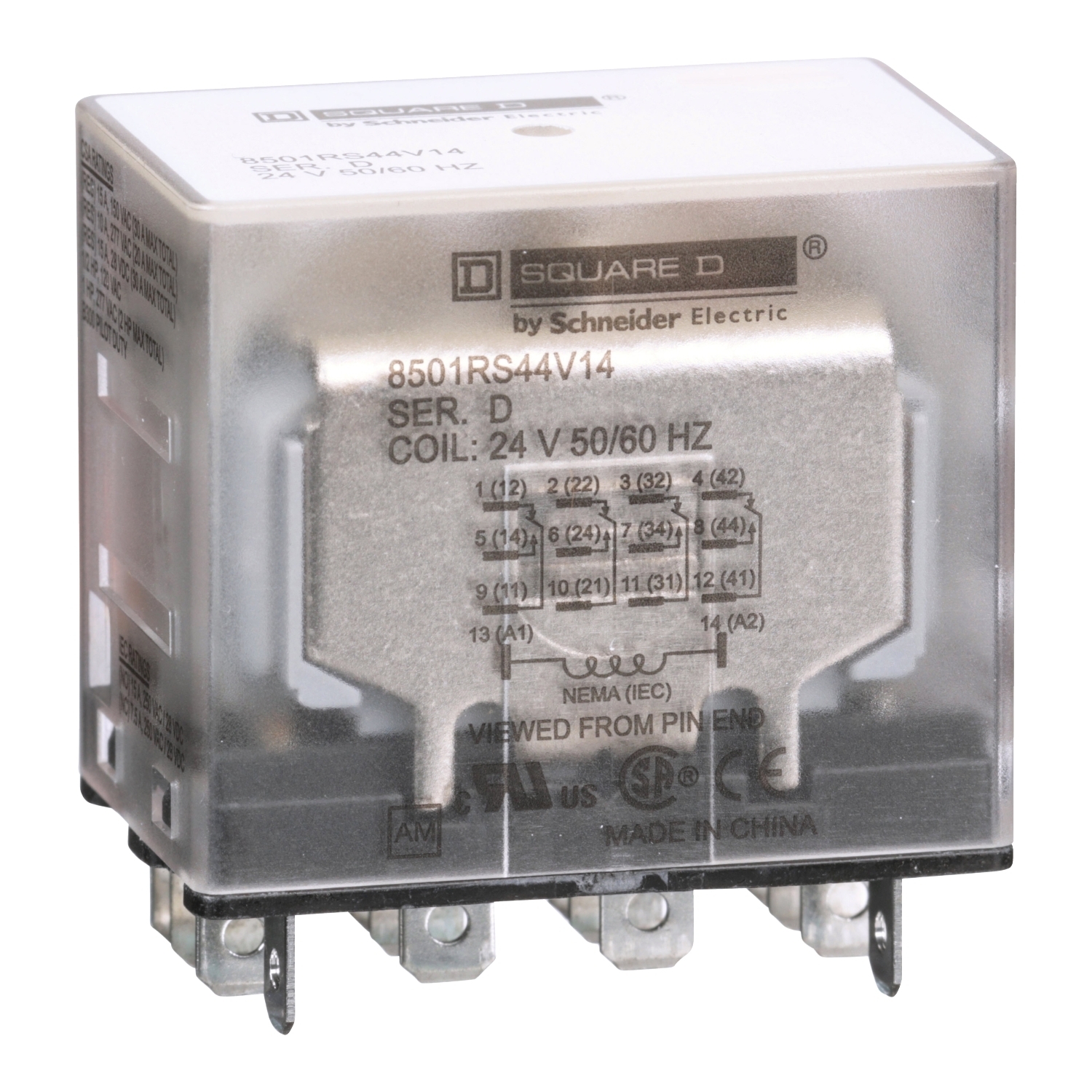 8501RS44V14 Type R Standard Miniature Plug-In Relay With Standard Cover, 12 A, 14 Pin, 4CO 4 Form C 4PDT Contact, 300 V AC, 30 V DC V Coil
