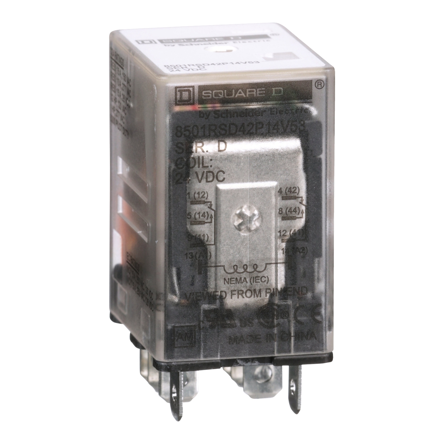 8501RSD42P14V53 Type R Standard Miniature Plug-In Relay With Standard Cover, 10 A, 2CO 2 Form C DPDT Contact, 300 V AC, 30 V DC V Coil