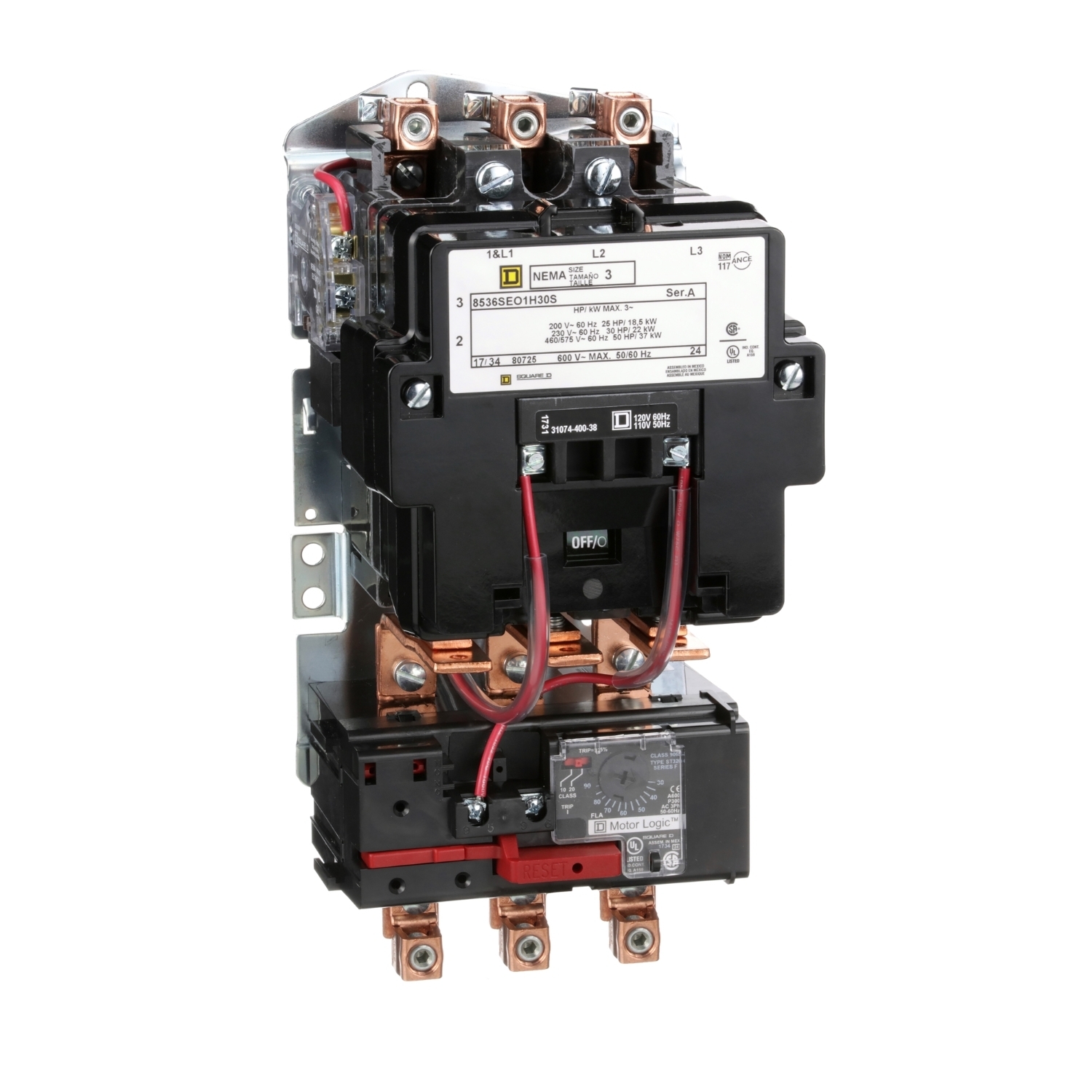 8536SEO1V02H30S Type S Starter, 110/120 VAC V Coil, Non-Reversing Action, 3 Poles, Open Enclosure