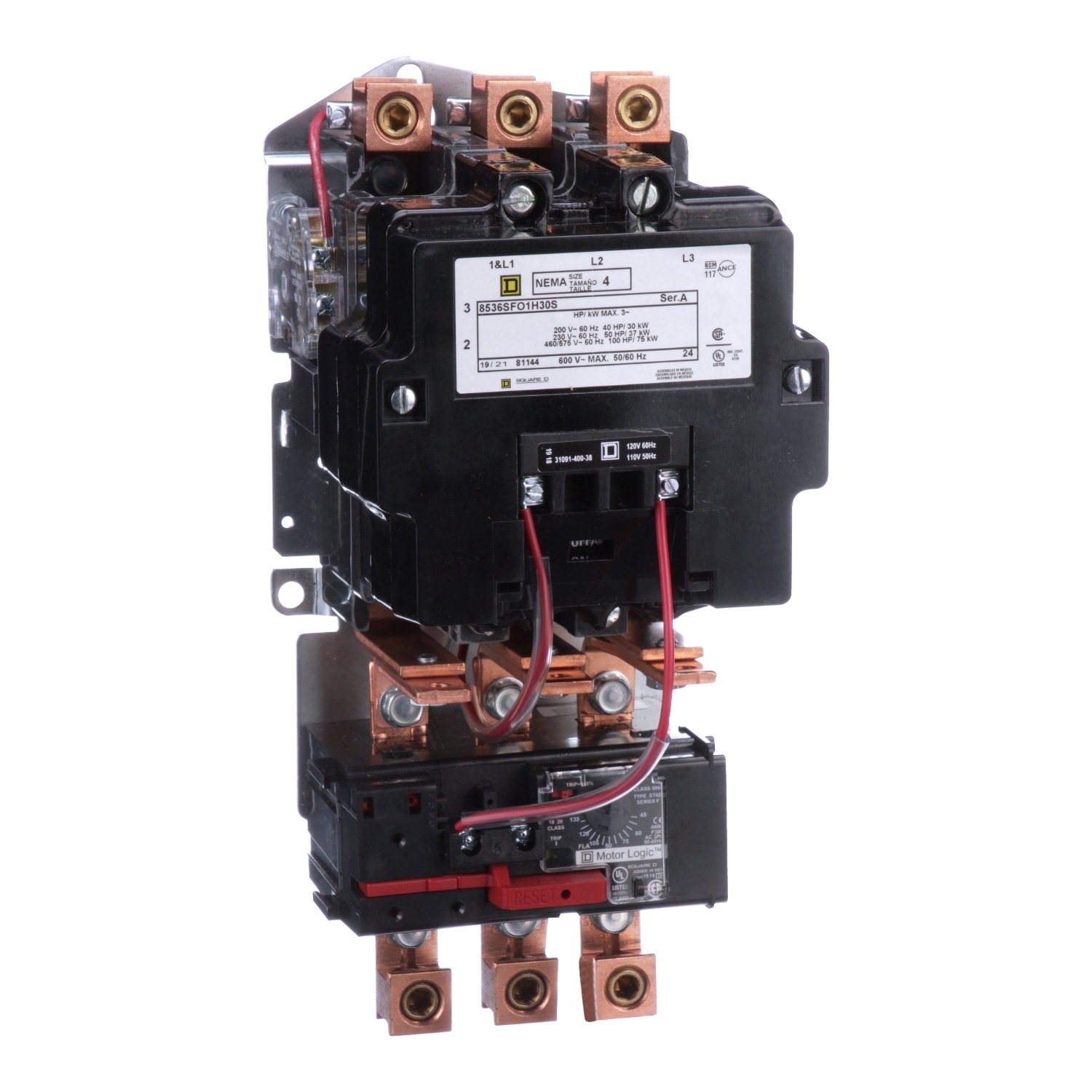 8536SFO1V02H30S Type S Starter, 110/120 VAC V Coil, Non-Reversing Action, 3 Poles, Open Enclosure
