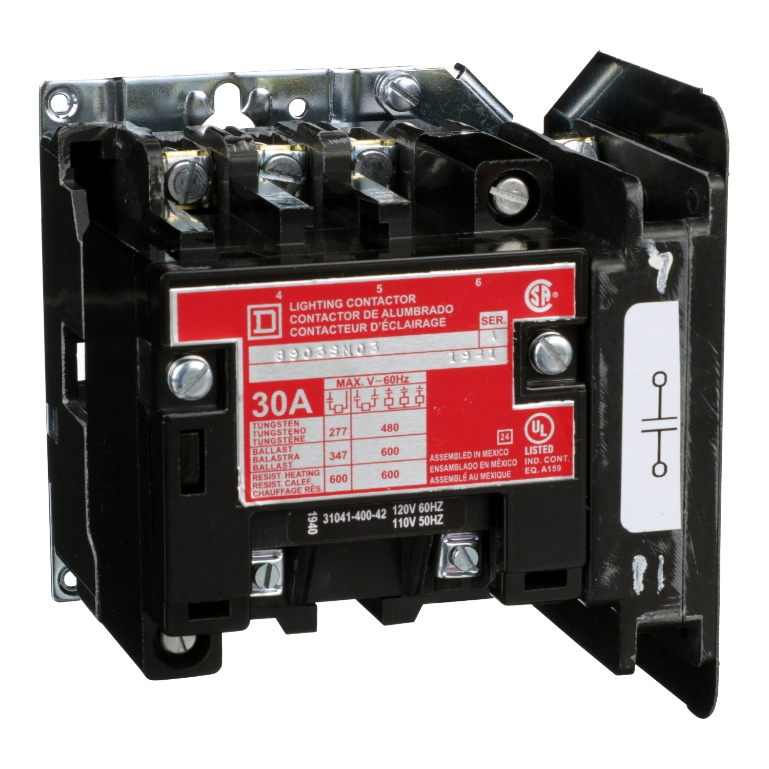 8903SMO3V02 Type S Electrically Held Multi-Pole Lighting Contactor, 110/120 V AC V Coil, 30 A, 4 Poles