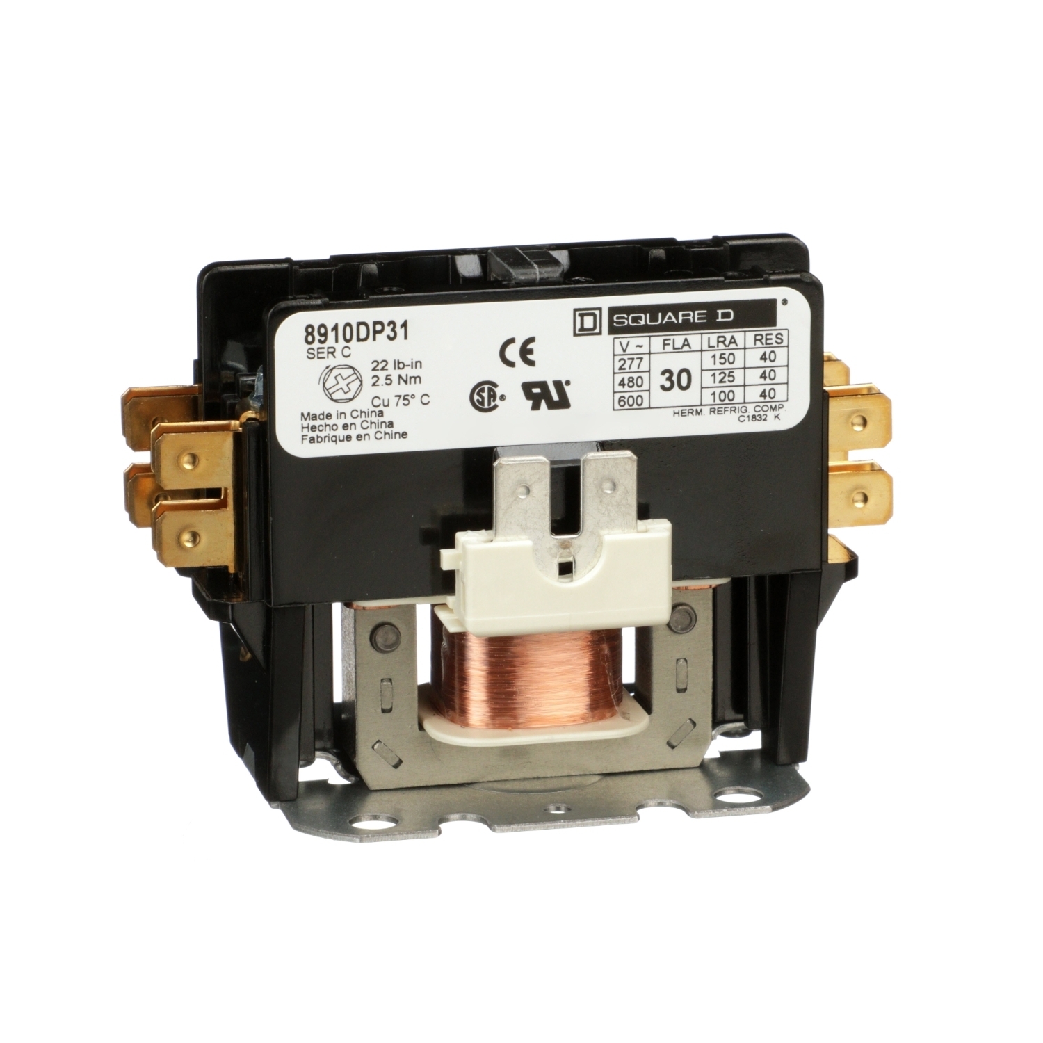 8910DP31V14 1-Phase Type DP Definite Purpose Contactor, 24 V AC V Coil, 30 A, 1NO Contact, 1 Poles