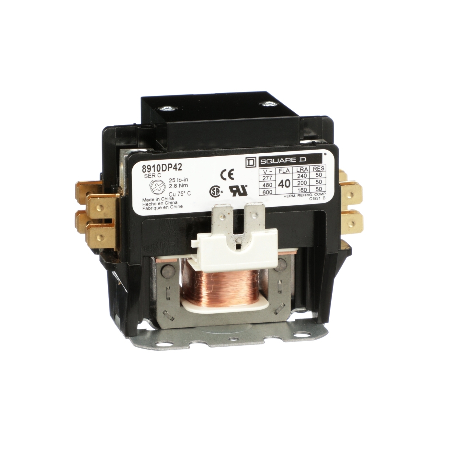 8910DP42V14 Type DP 1-Phase Electromechanical Definite Purpose Contactor, 24 V AC V Coil, 40 A, 2NO Contact, 2 Poles