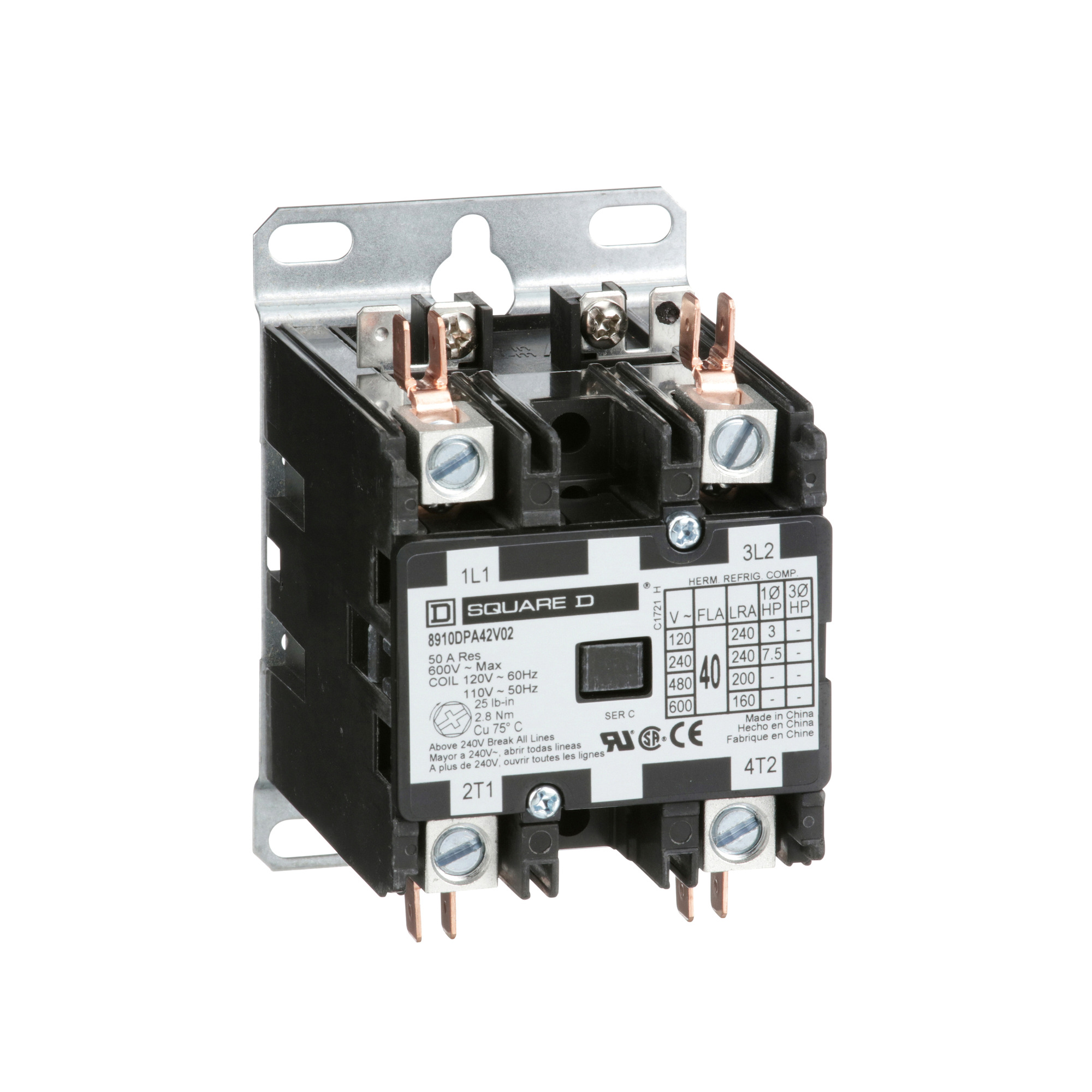 8910DPA12V04 Type DPA Definite Purpose Contactor, 277 V AC V Coil, 20 A, 2NO Contact, 2 Poles