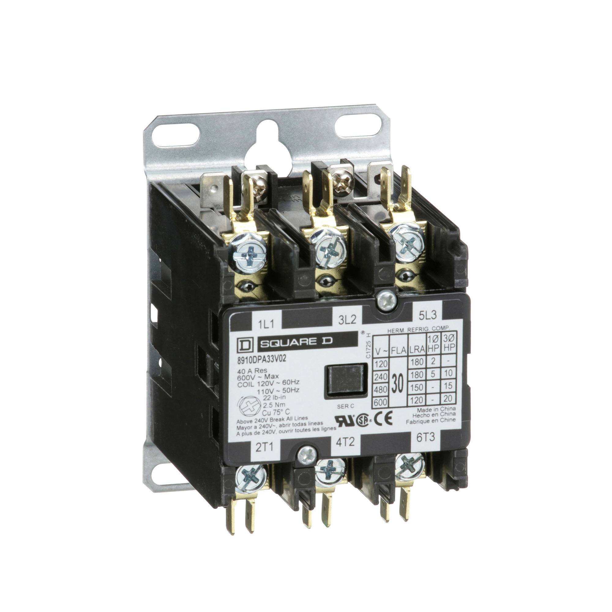 8910DPA13V14 Type DPA Definite Purpose Contactor, 24 V AC V Coil, 20 A, 3NO Contact, 3 Poles