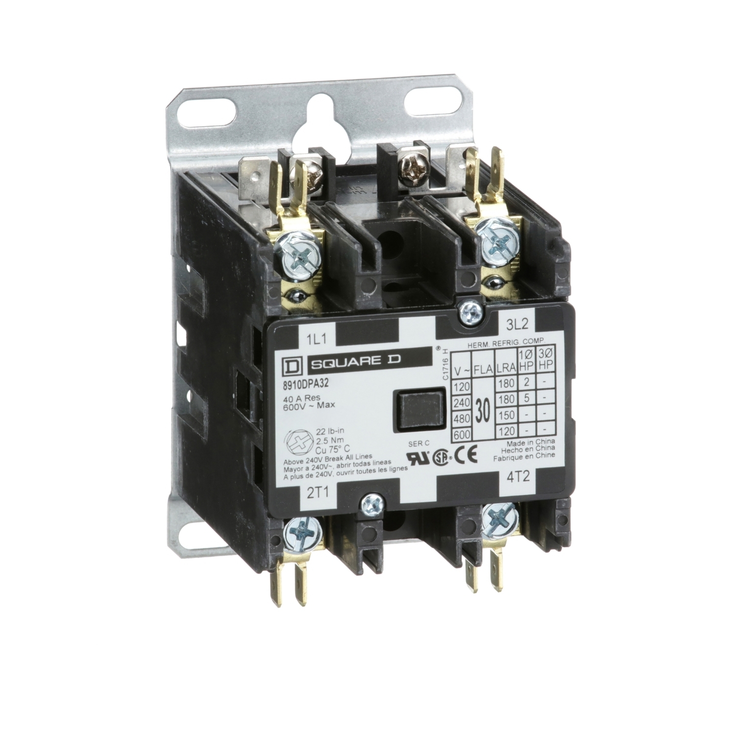 8910DPA32V04 Type DPA 1-Phase Electromechanical Definite Purpose Contactor, 277 V AC V Coil, 30 A, 2NO Contact, 2 Poles
