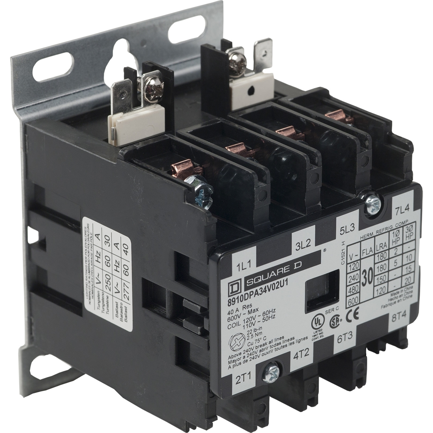 8910DPA34V02U1 Type DPA Definite Purpose Contactor, 110 V AC at 50 Hz to 120 V AC at 60 Hz V Coil, 30 A, 4NO Contact, 4 Poles