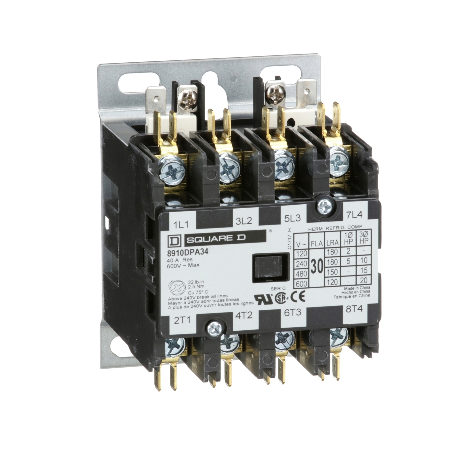 8910DPA34V09 8910 3-Phase Electromechanical Type DPA Definite Purpose Contactor, 208/220/240 V AC V Coil, 30 A, 4NO Contact, 4 Poles