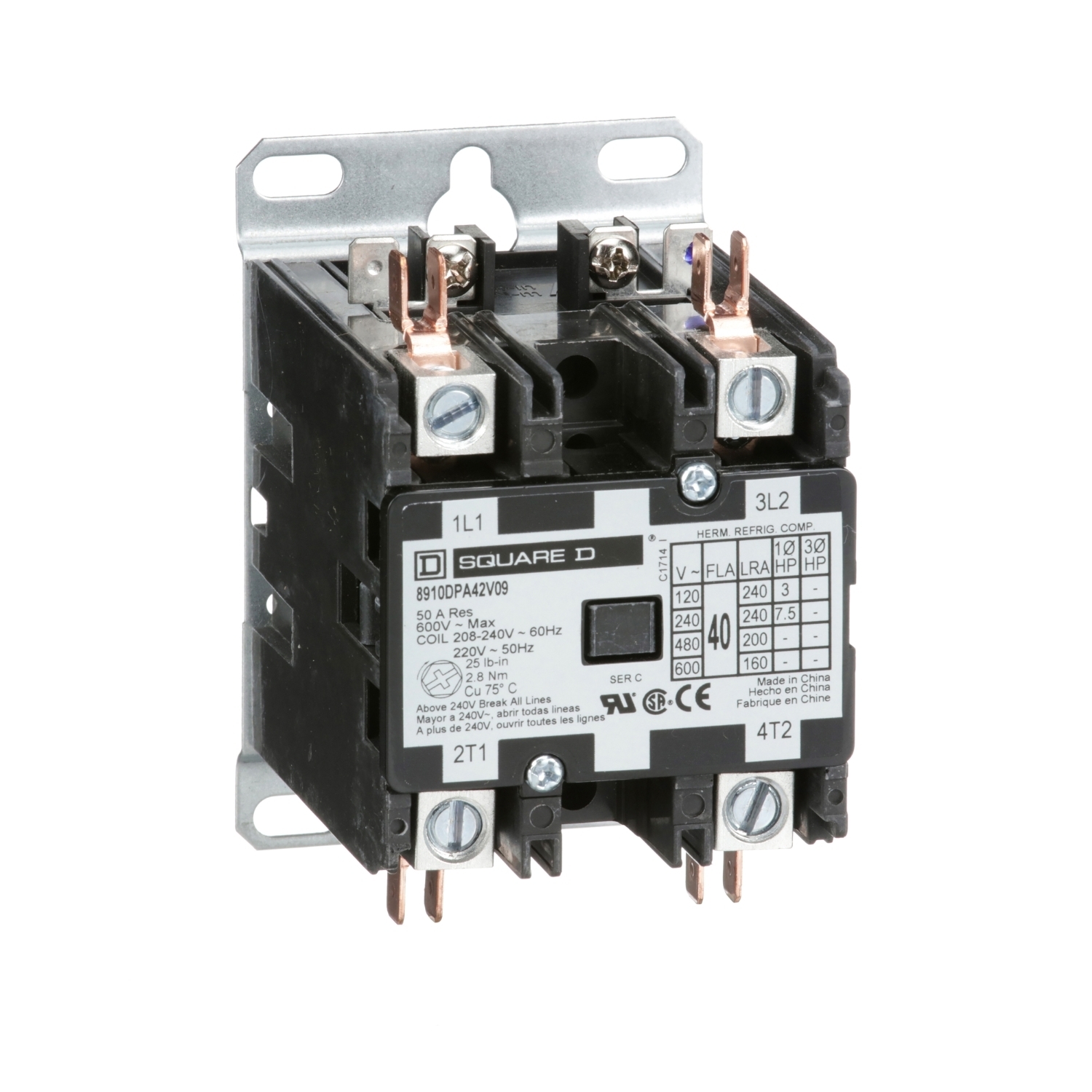 8910DPA42V09 Type DPA 1-Phase Electromechanical Definite Purpose Contactor, 208/220/240 V AC V Coil, 40 A, 2NO Contact, 2 Poles
