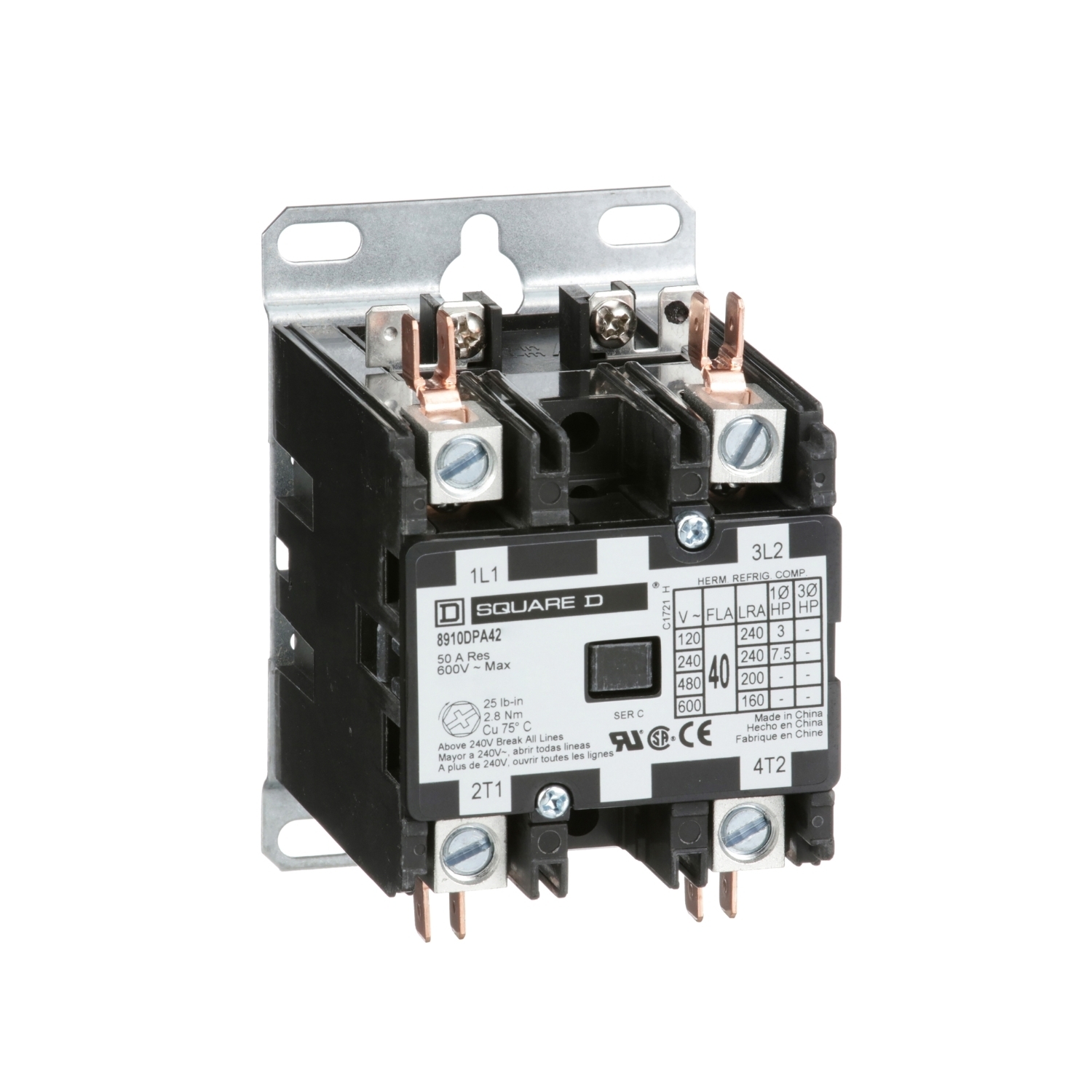 8910DPA42V14 Type DPA 1-Phase Electromechanical Definite Purpose Contactor, 24 V AC V Coil, 40 A, 2NO Contact, 2 Poles