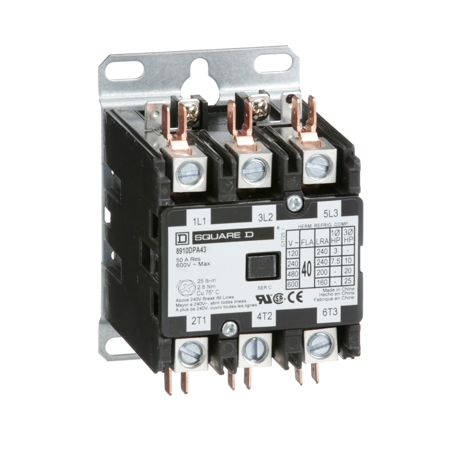 8910DPA43V04 3-Phase Type DPA Definite Purpose Contactor, 277 V AC V Coil, 40 A, 3NO Contact, 3 Poles