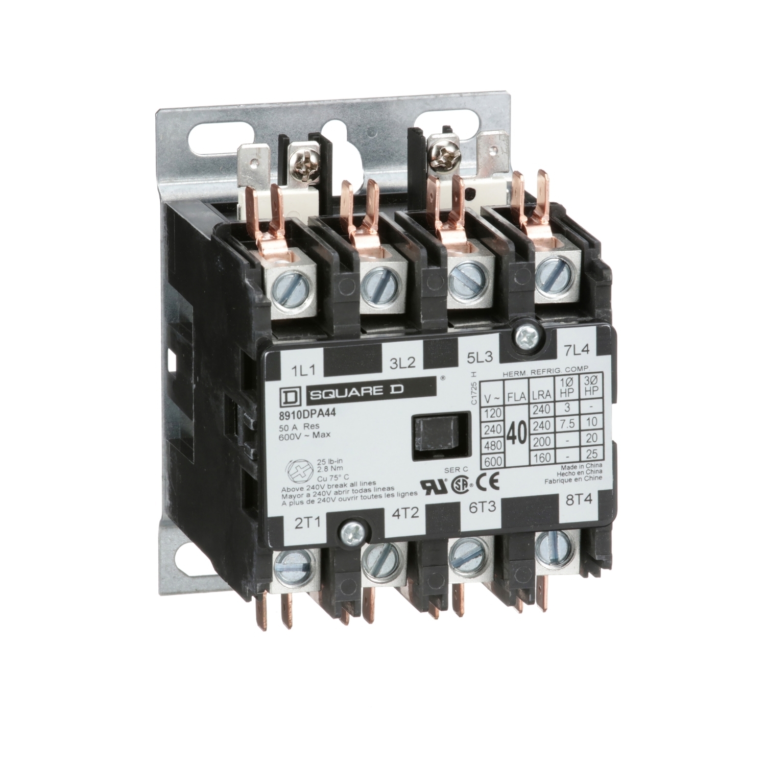 8910DPA44V09 3-Phase Electromechanical Type DPA Definite Purpose Contactor, 208/220/240 V AC V Coil, 40 A, 4NO Contact, 4 Poles