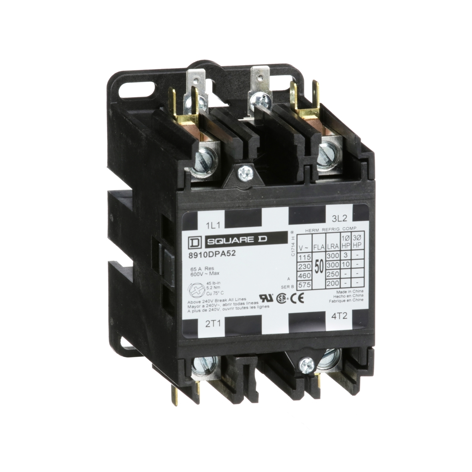 8910DPA52V02 Type DPA 1-Phase Electromechanical Definite Purpose Contactor, 110/120 V AC V Coil, 50 A, 2NO Contact, 2 Poles
