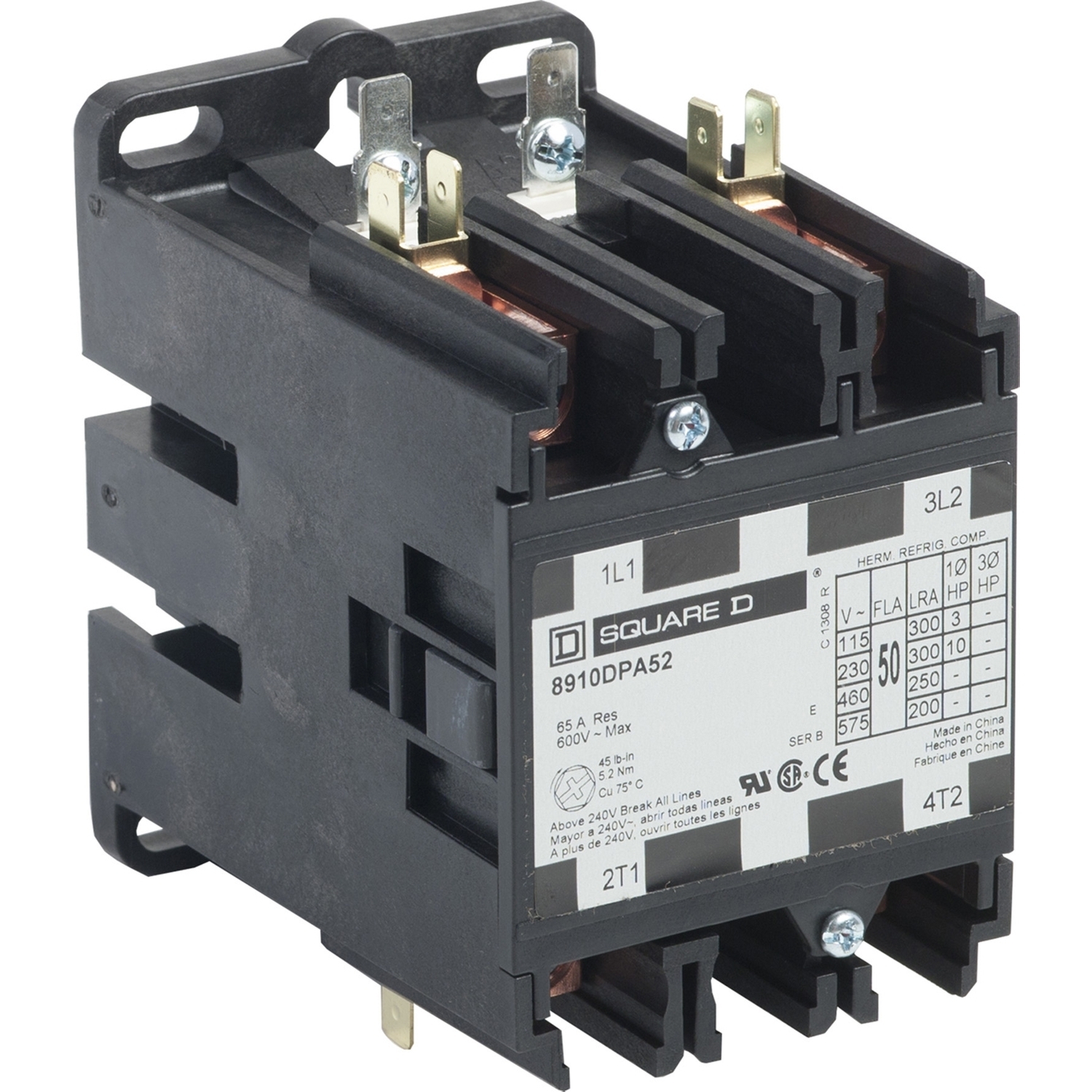 8910DPA52V14 1-Phase Type DPA Definite Purpose Contactor, 24 V AC V Coil, 50 A, 2NO Contact, 2 Poles