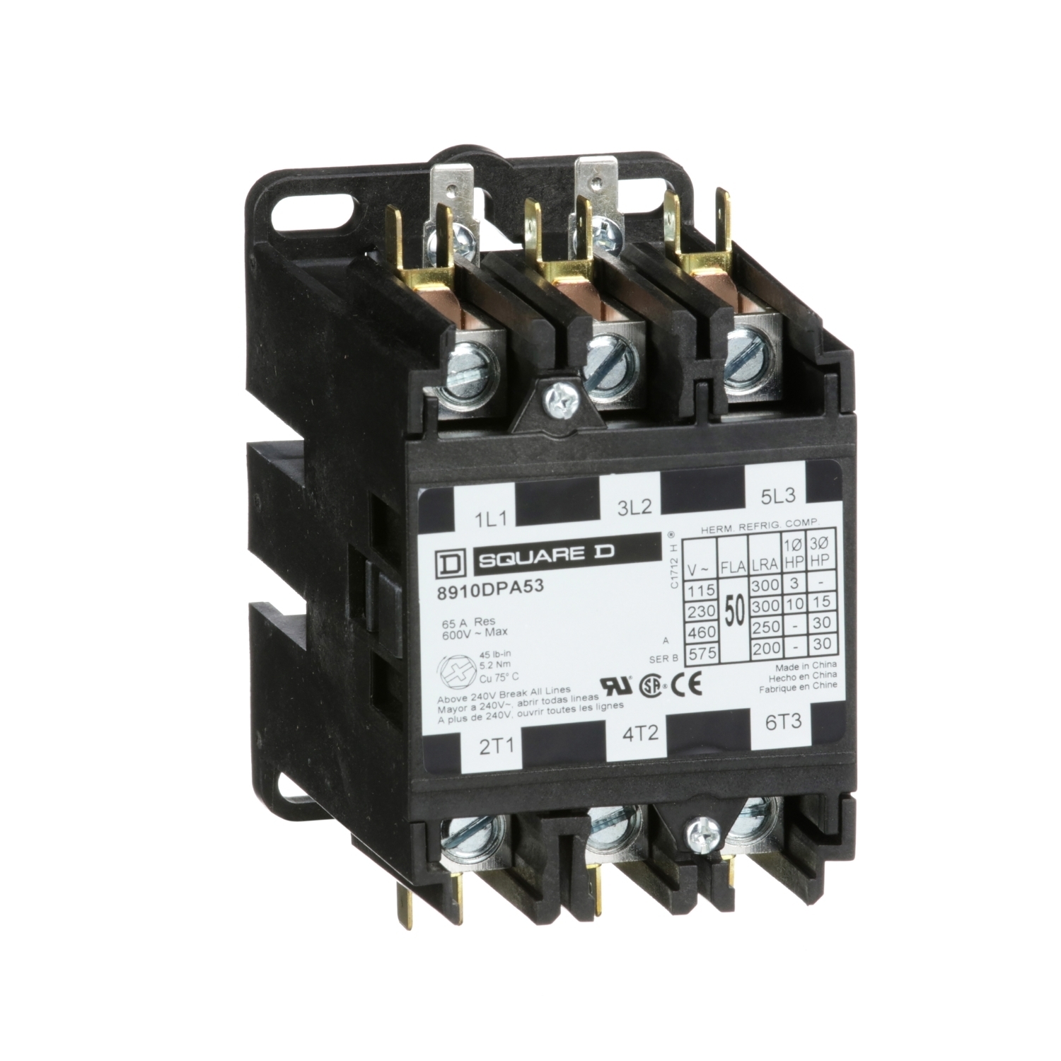 8910DPA53V06 3-Phase Type DPA Definite Purpose Contactor, 440/480 V AC V Coil, 50 A, 3NO Contact, 3 Poles
