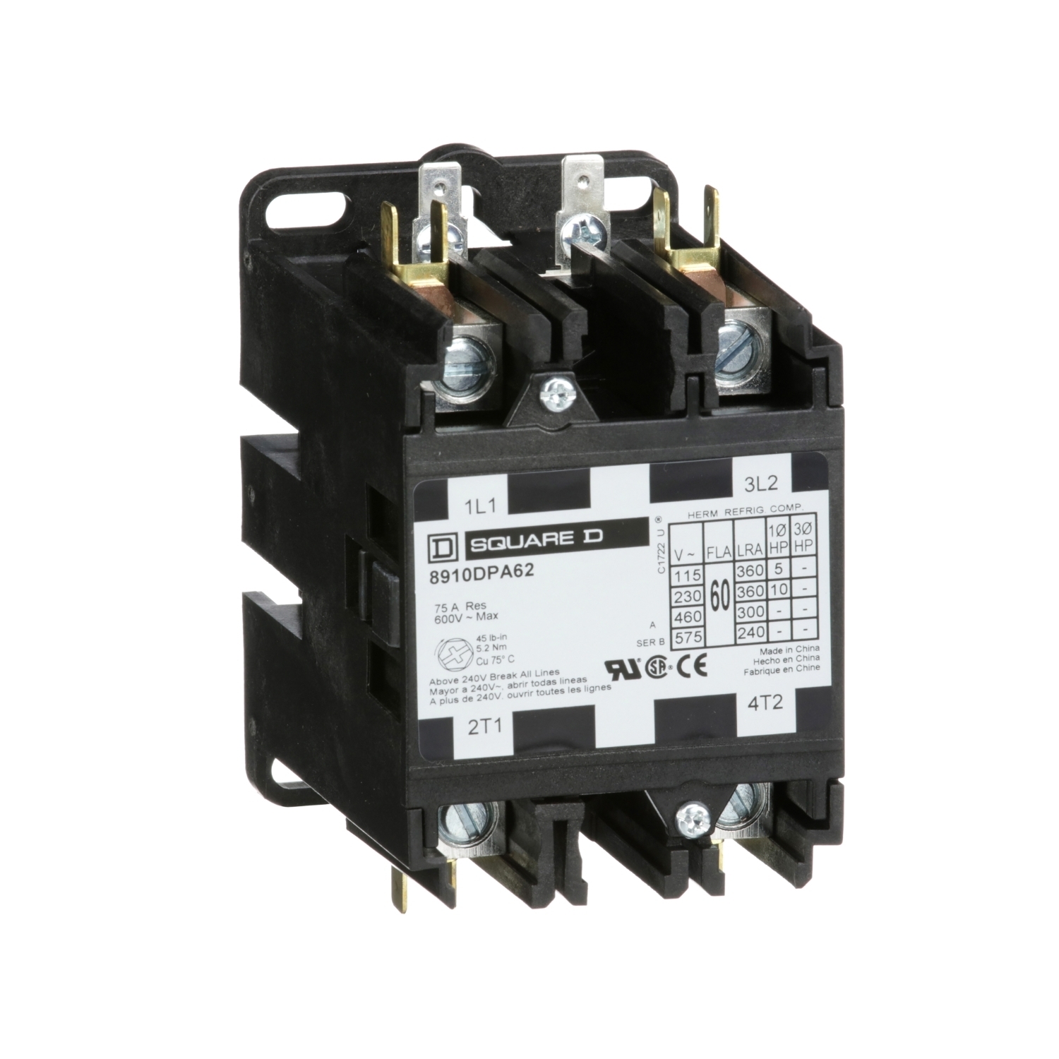8910DPA62V09 1-Phase Type DPA Definite Purpose Contactor, 208/220/240 V AC V Coil, 60 A, 2NO Contact, 2 Poles