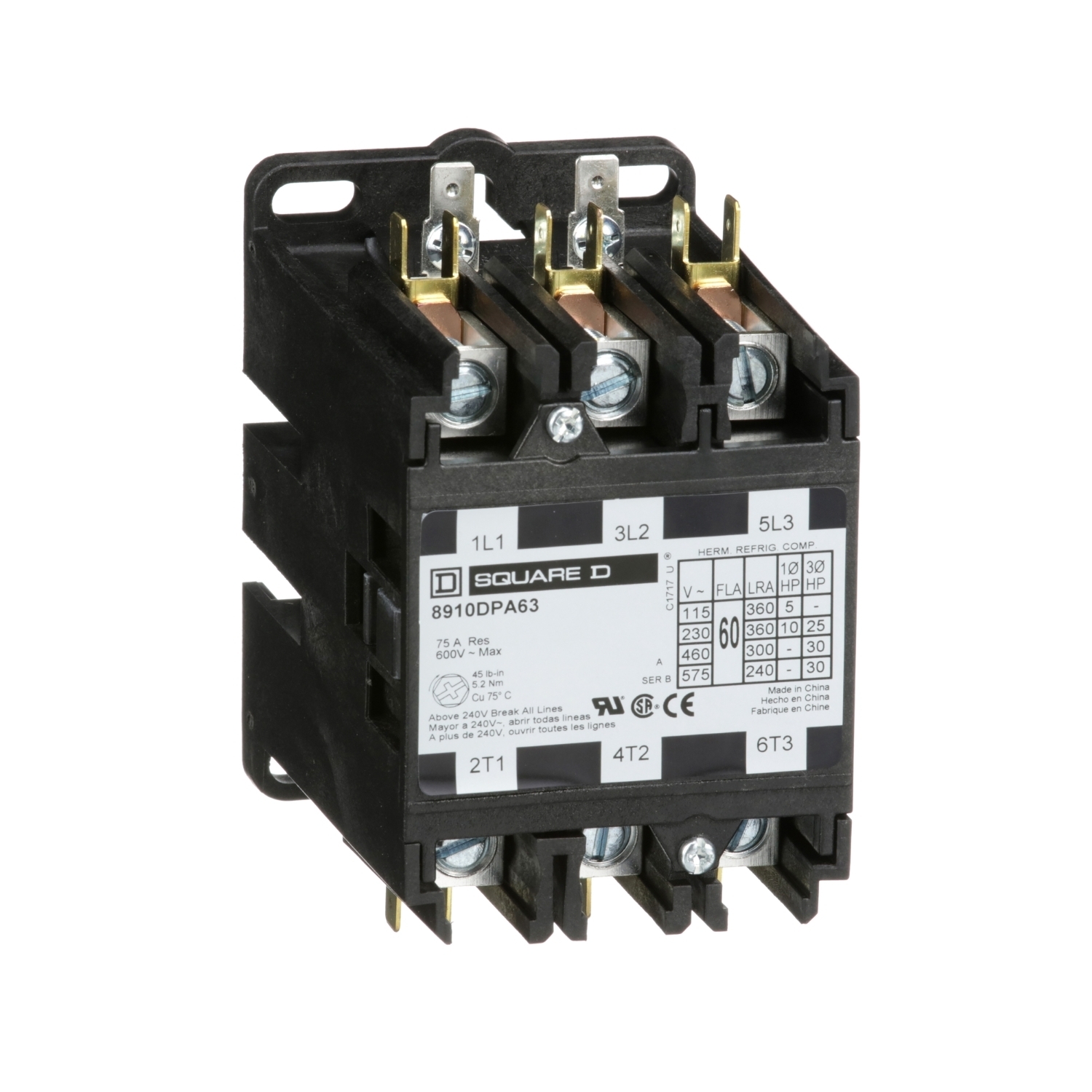 8910DPA63V02 8910DPA Electro-Mechanical 3-Phase Electromechanical Type Dpa Definite Purpose Contactor, 110/120 V AC V Coil, 60 A, 3NO Contact, 3 Poles