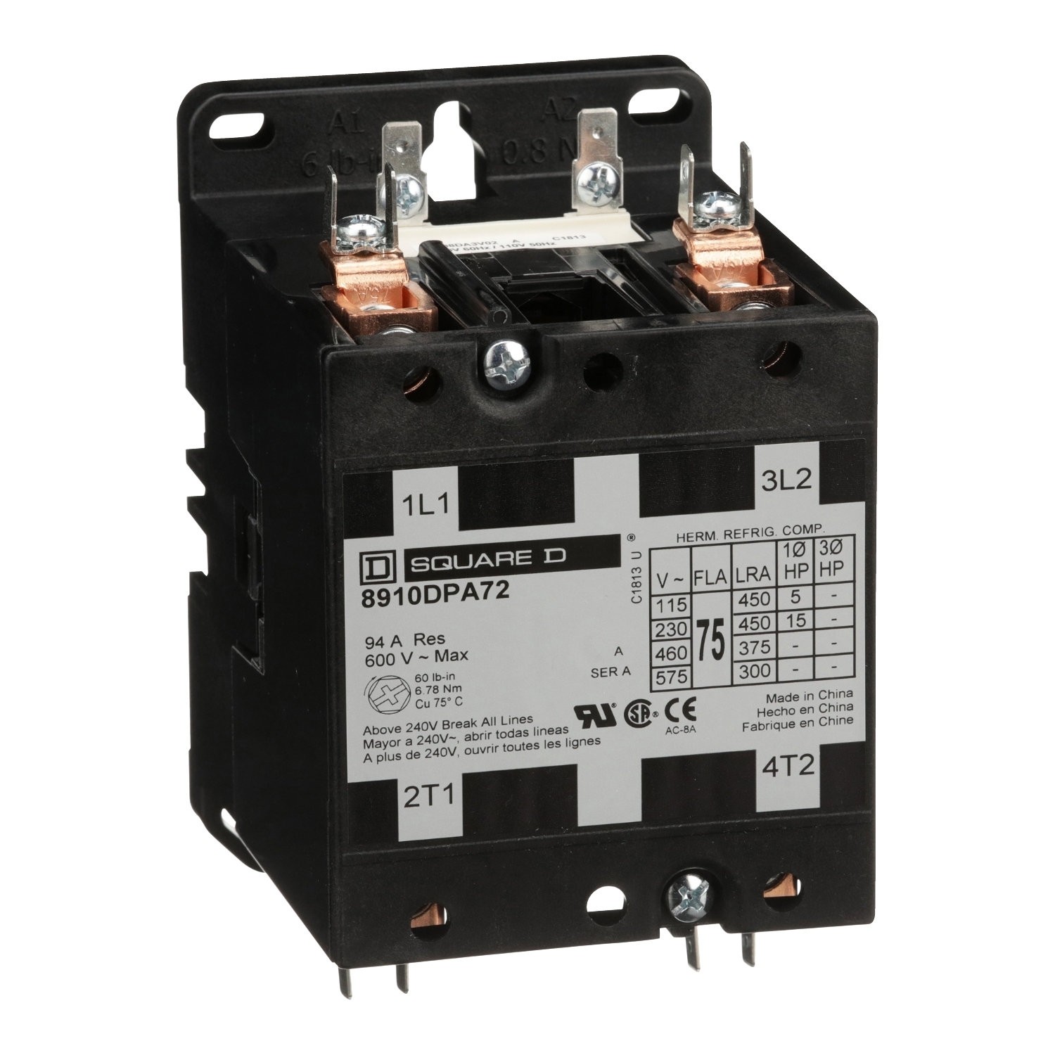 8910DPA72V09 1-Phase Type DPA Definite Purpose Contactor, 208/220/240 V AC V Coil, 75 A, 2NO Contact, 2 Poles