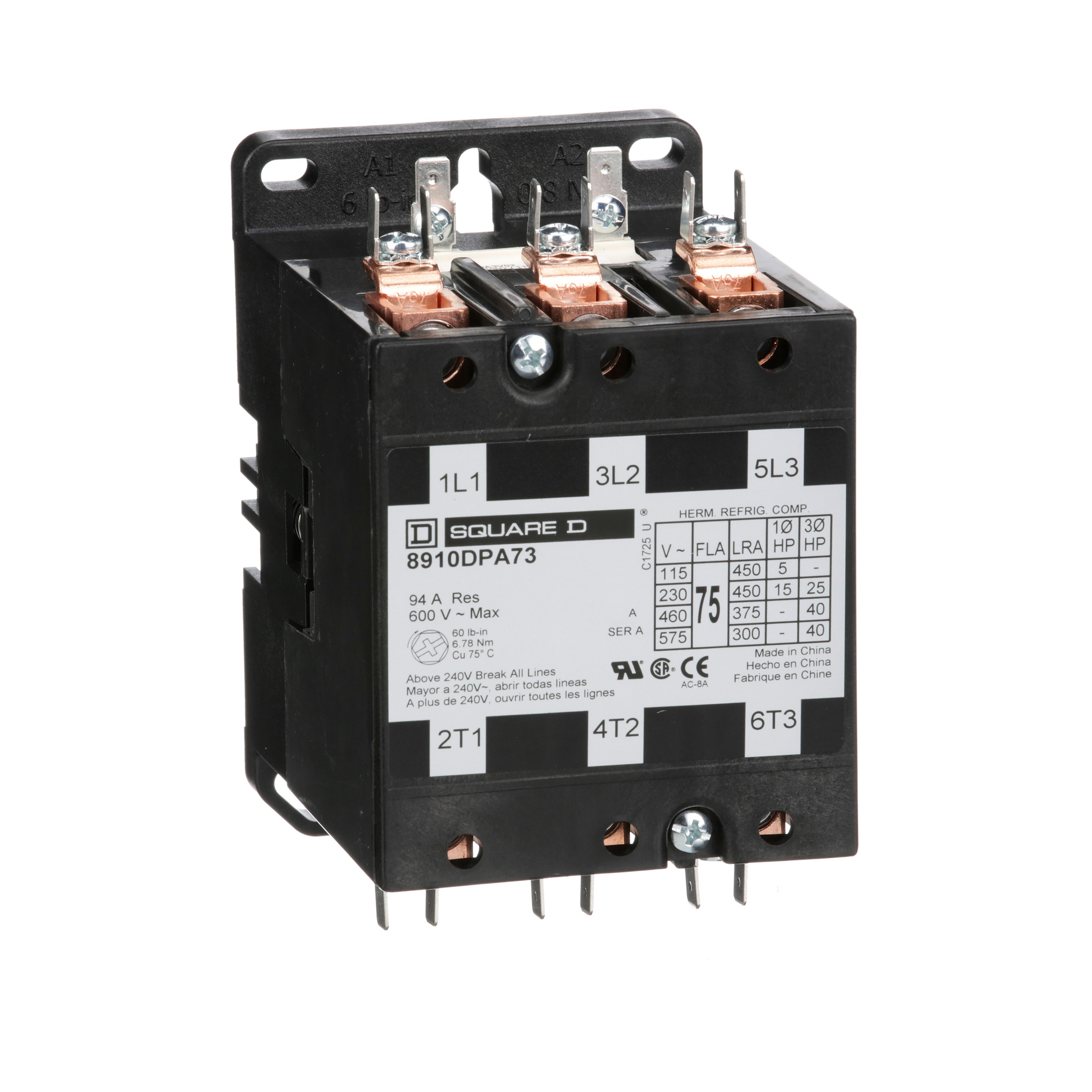 8910DPA73V14 3-Phase Type DPA Definite Purpose Contactor, 24 V AC V Coil, 75 A, 3NO Contact, 3 Poles