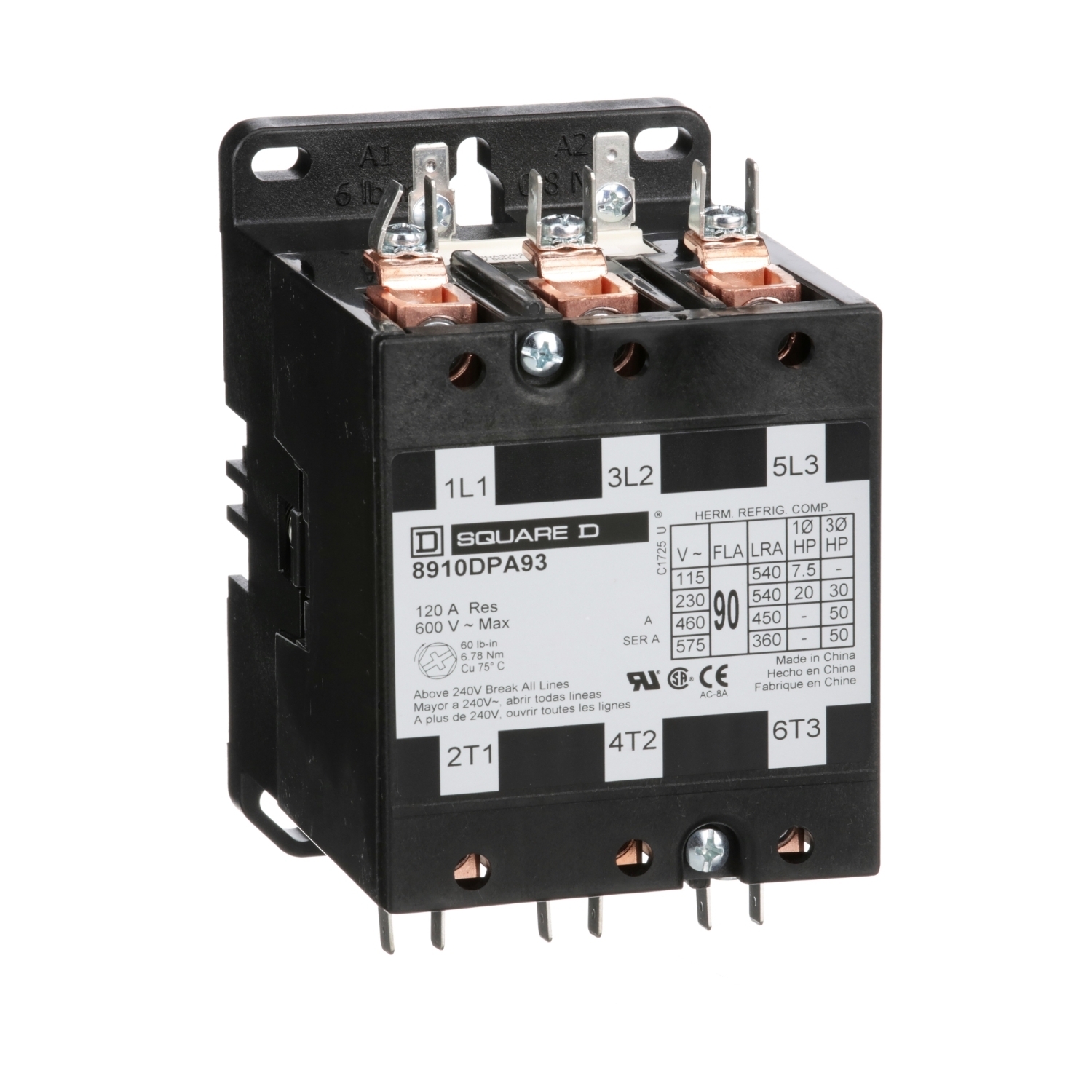 8910DPA93V02 8910DPA Electro-Mechanical Definite Purpose Contactor, 110/120 V AC V Coil, 90 A, 3NO Contact, 3 Poles