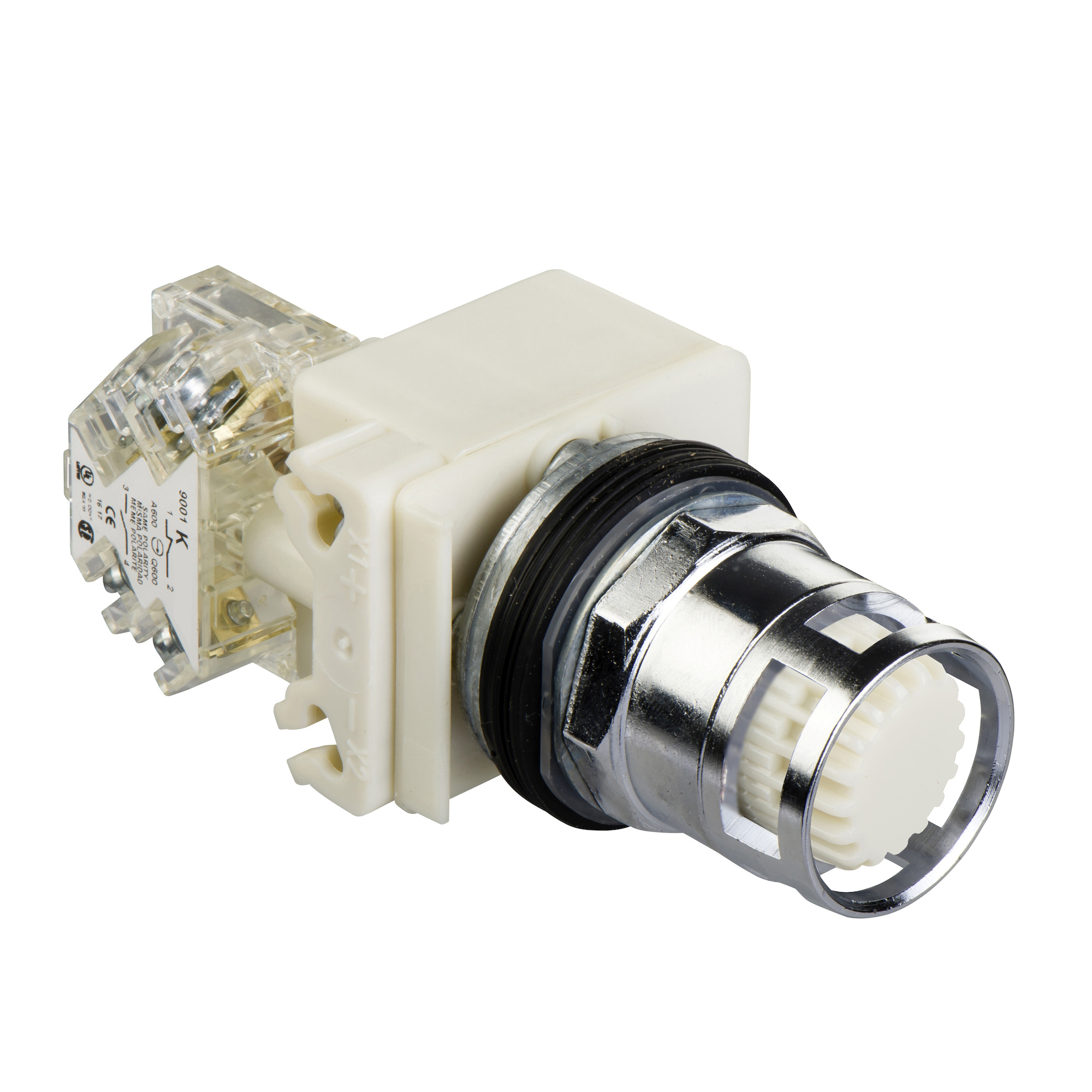 9001K3L35WH5 Harmony Type K Dusttight/Oiltight/Watertight Heavy Duty Unmarked Illuminated Pushbutton With Metallic Extended Guard and Contact Block, 30 mm, 1NO Contact, Slow Break Contact, Extended Operator, White