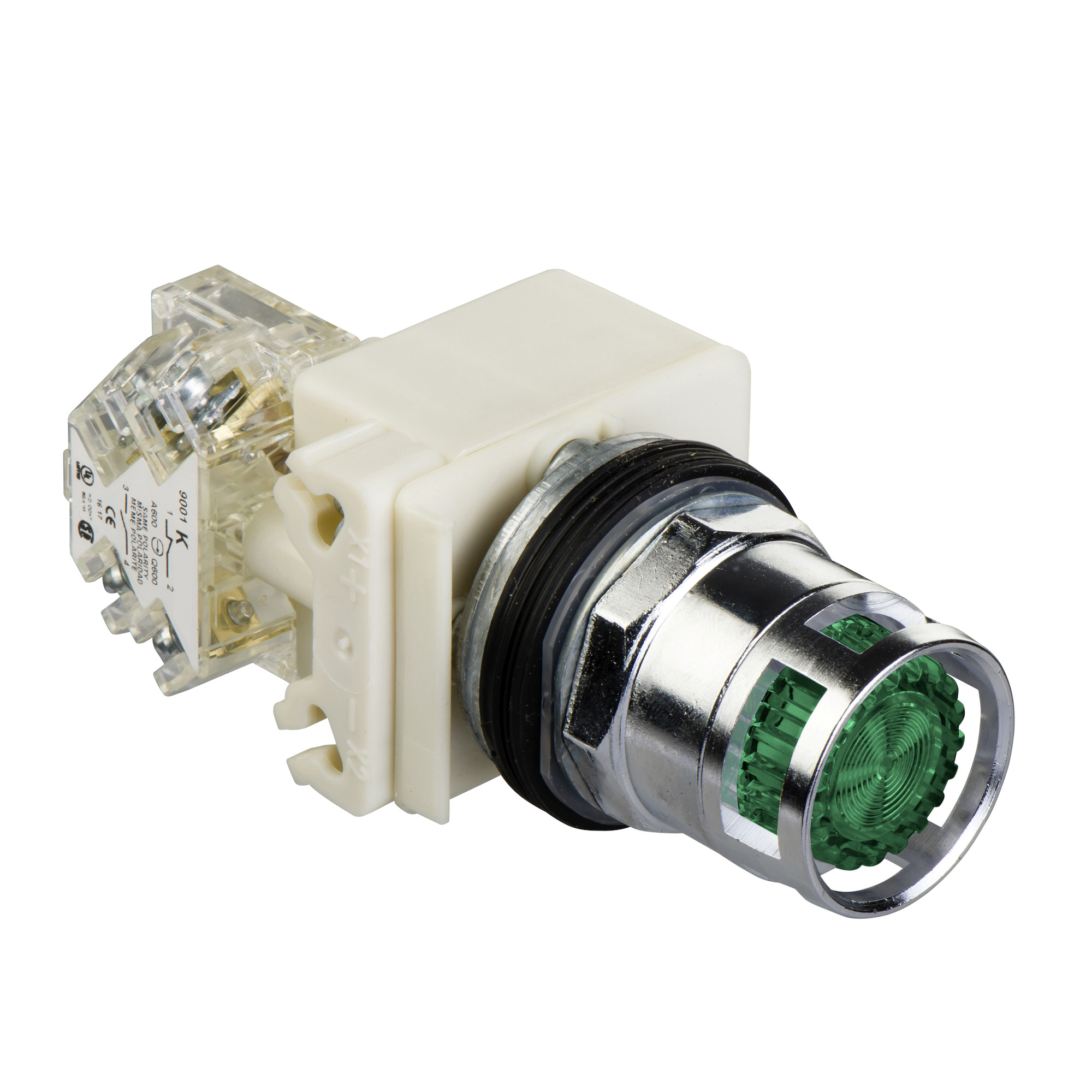 9001K3L38LGG Harmony Type K Dusttight/Oiltight/Watertight Heavy Duty Round Illuminated Pushbutton Operator With Extended Metallic Guard, 30 mm, Extended Operator, Momentary Contact, Green