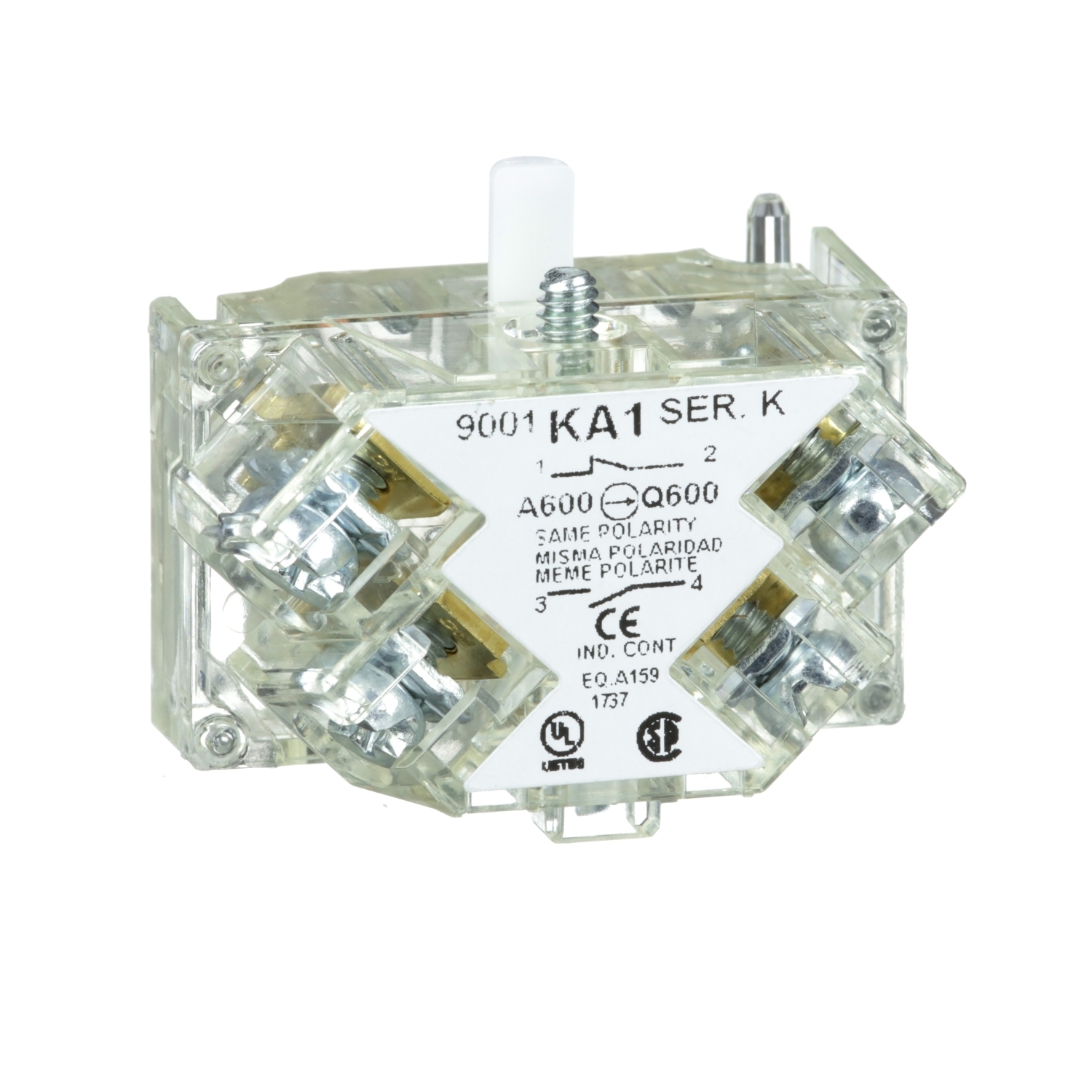 9001KA1 Harmony Types K SK KX Finger Safe Standard Contact Block With Protected Terminal, 30 mm, 1NO-1NC Contact, 10 A, 600 V AC Contact, Silver Alloy Contact, Momentary Action, Clear