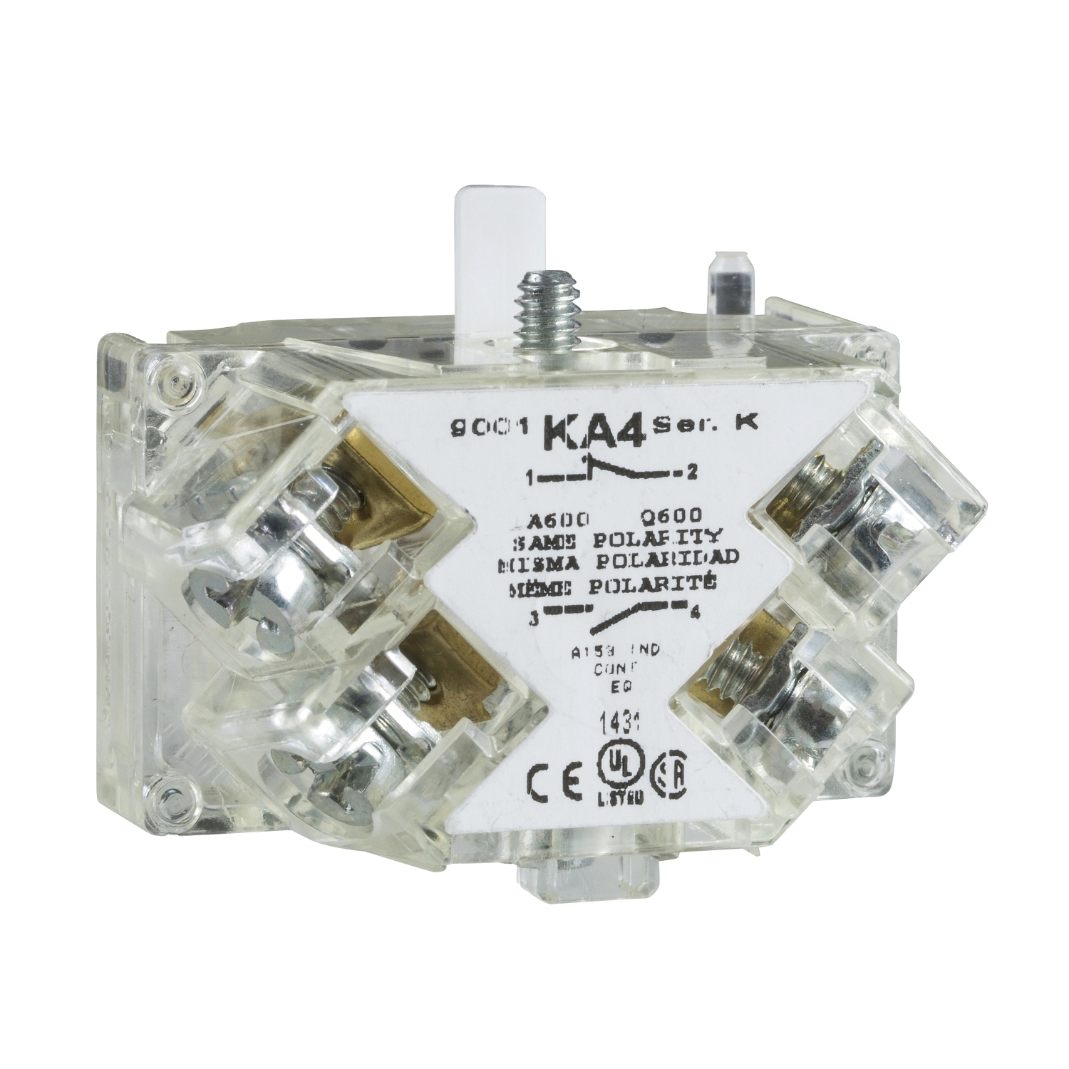 9001KA4 Harmony Contact Block With Protected Terminal, 30 mm, 1NO-1NC Contact, 10 A at 600 V AC Contact, Silver Alloy Contact, Momentary Action, Clear Glass