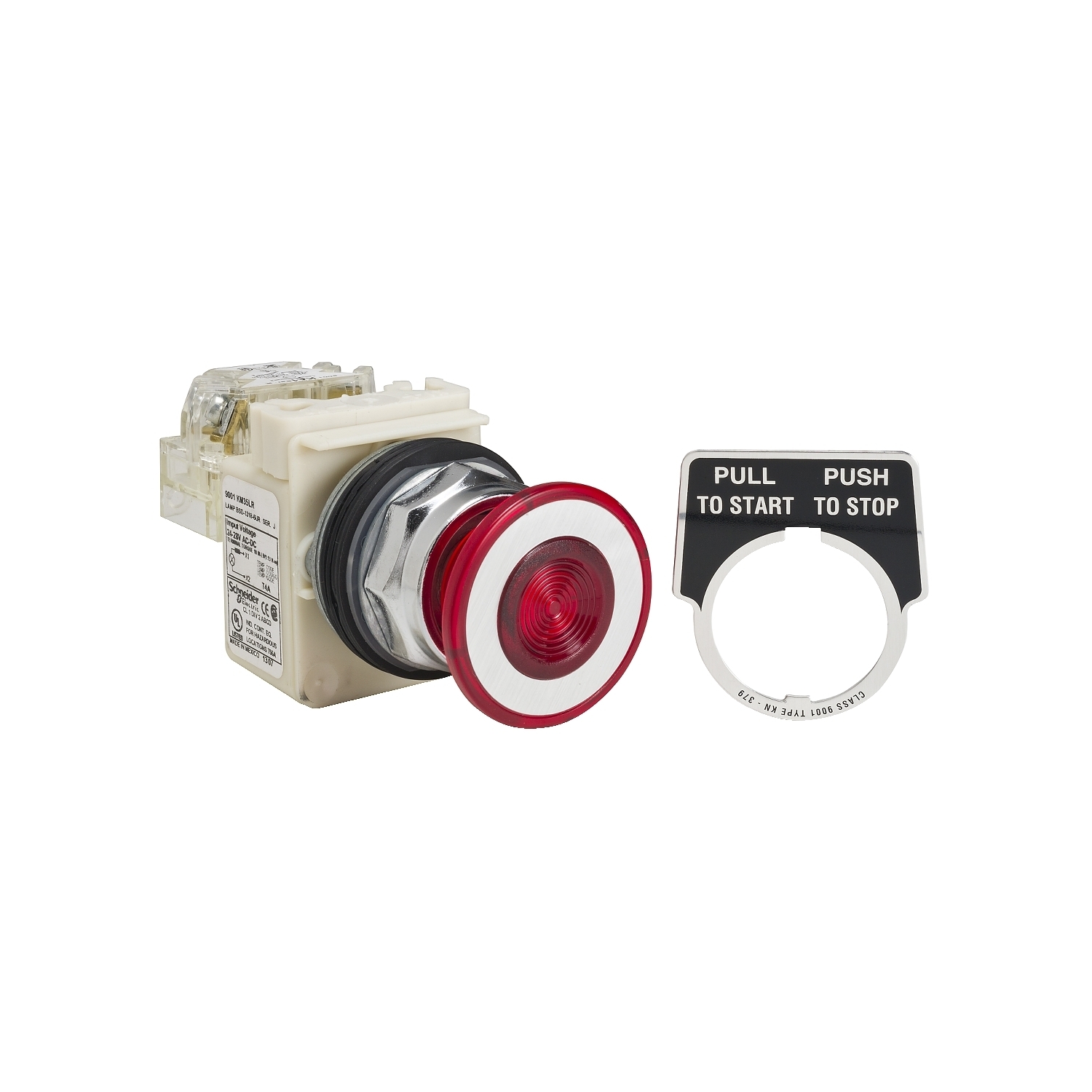 9001KR9P35LRRH13 Harmony Type K Dust/Oil/Watertight Heavy Duty Round Unmarked Illuminated Pushbutton With Plastic Full Guard, 30 mm, 1NO-1NC Contact, Slow Break Contact, Mushroom Head Operator, Red
