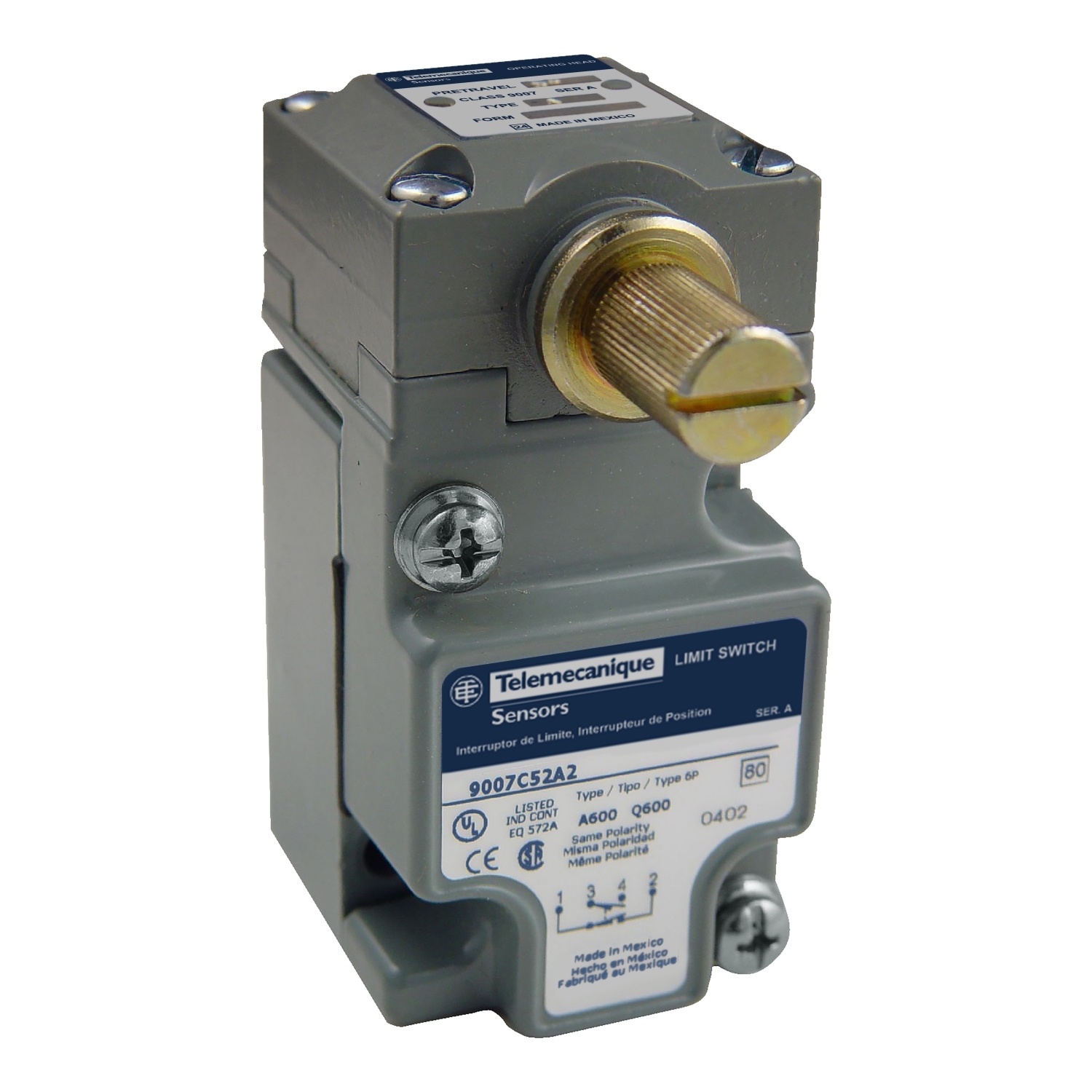 9007C52N2 Heavy Duty Limit Switch, 600 V AC, 10 A, Spring Return Lever Arm Actuator, 1CO SPDT-DB Contact, 1 Poles