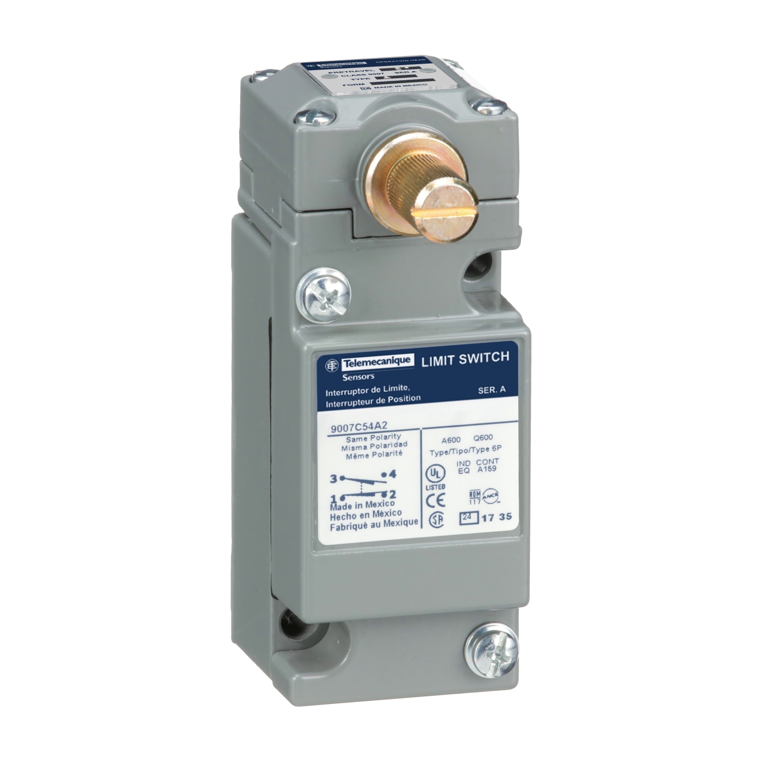 9007C54A2 Standard Rotary Actuated Limit Switch, 600 V AC/DC, 10 A, Rotary Lever Arm Actuator, 1NO-1NC Contact, 1 Poles
