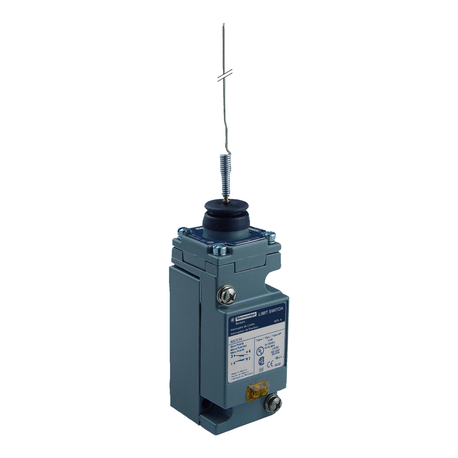 9007C62L Heavy Duty Plug-In Limit Switch, 120/240/480/600 VAC, 125/250 VDC, 0.11/0.55/1.2/1.5/3/6/10 A, Spring Return Wire Whisker Actuator, 2NO-2NC 2 Form Z DPDT-DB Contact, 2 Poles