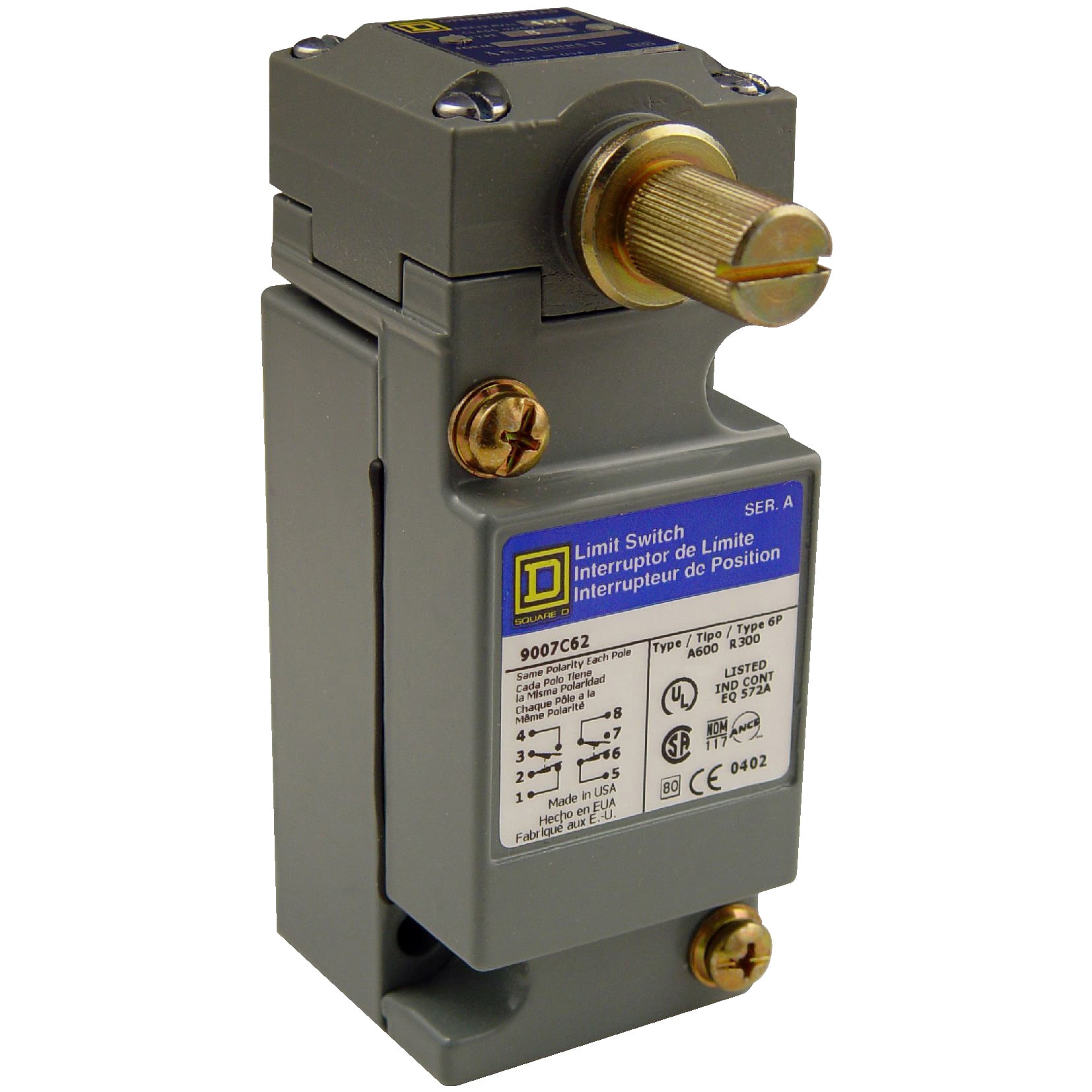 9007C62N2 Heavy Duty Limit Switch, 600 V AC, 10 A, Spring Return Lever Arm Actuator, 2NO-2NC DPDT-DB Contact, 2 Poles