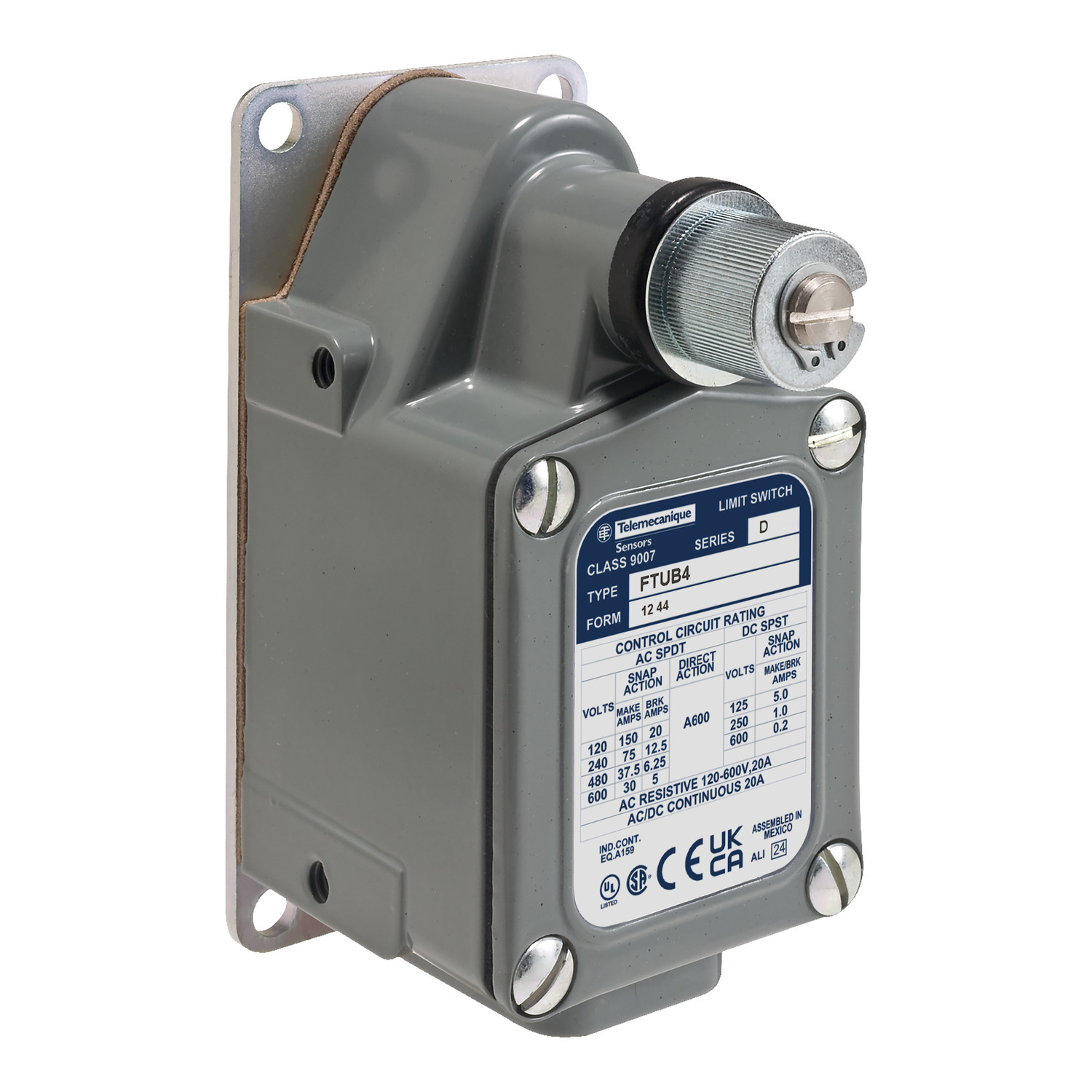 9007FTUB4 9007T Fixed Severe Duty Limit Switch, 600 V AC, 20 A, Spring Return Lever Arm Actuator, SPDT-DB Contact, 1 Poles
