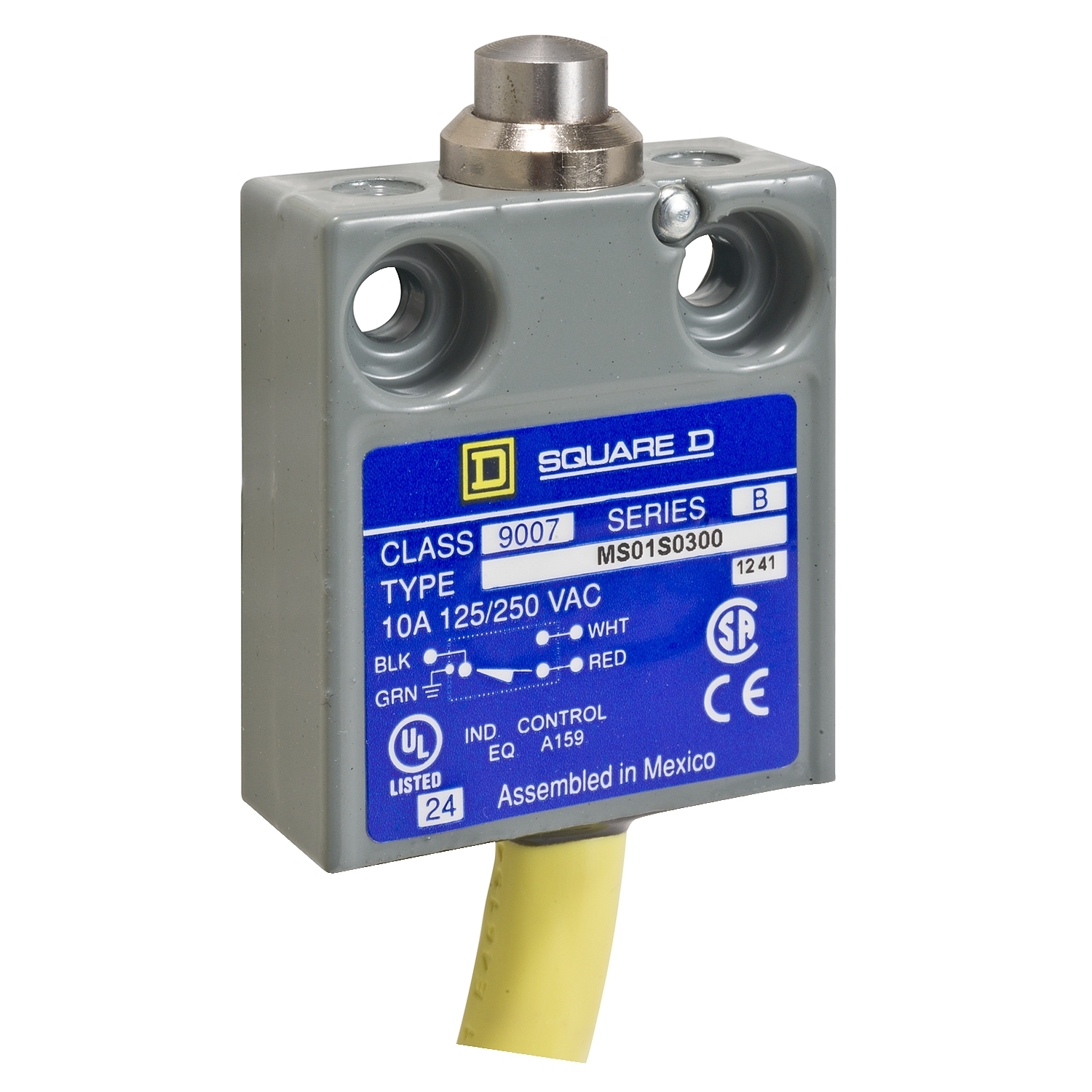9007MS01S0100 9007MS/ML Miniature Potted Linear Plunger Actuated Limit Switch, 240 V AC/28 V DC, 10 A, Spring Return Plunger Actuator, 1CO 1 Form C SPDT Contact, 1 Pole