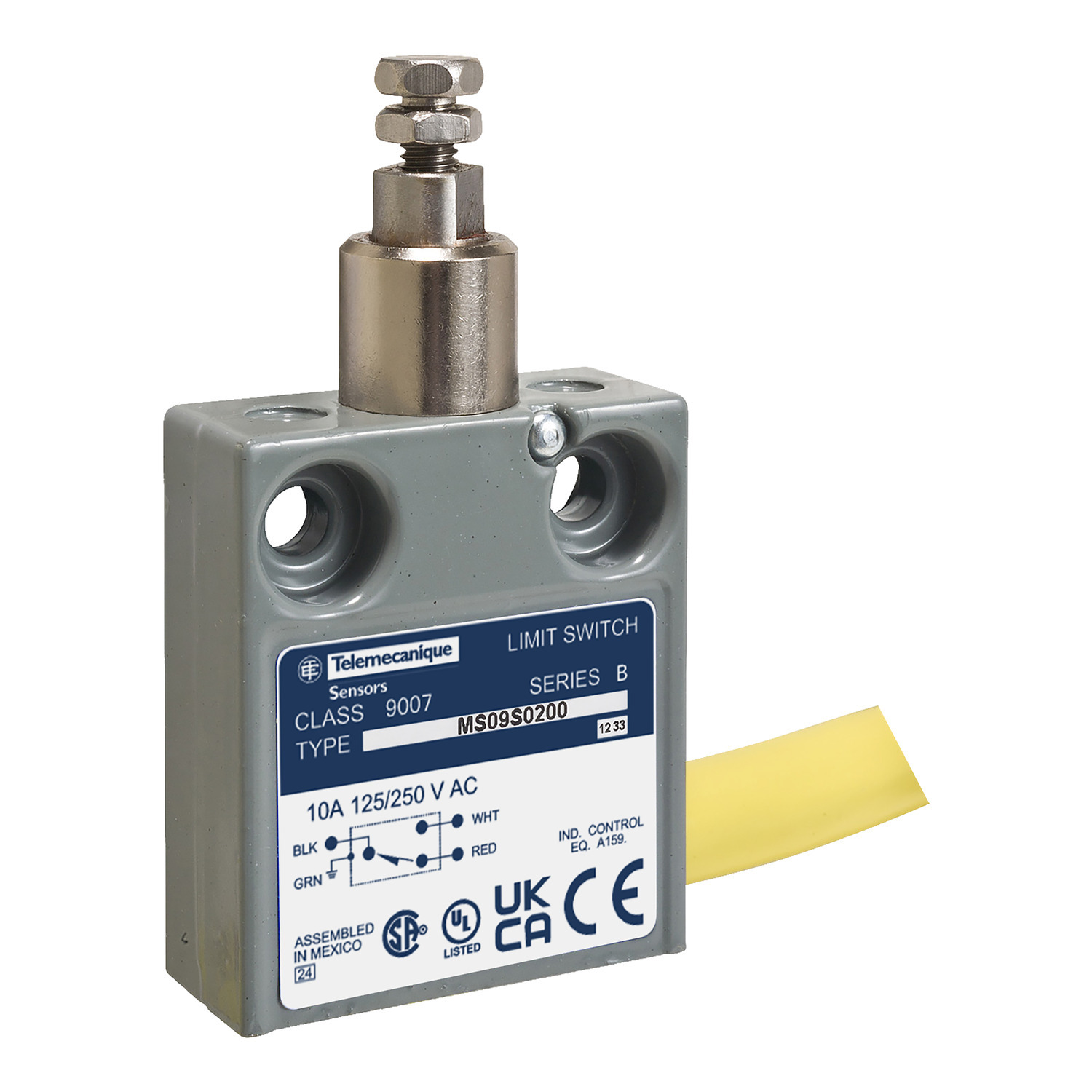 9007MS02G0410 Miniature Potted Limit Switch, 240 V AC/28 V DC, 10 A, Roller Horizontal/Parallel Actuator, 1CO 1 Form C SPDT Contact, 1 Poles