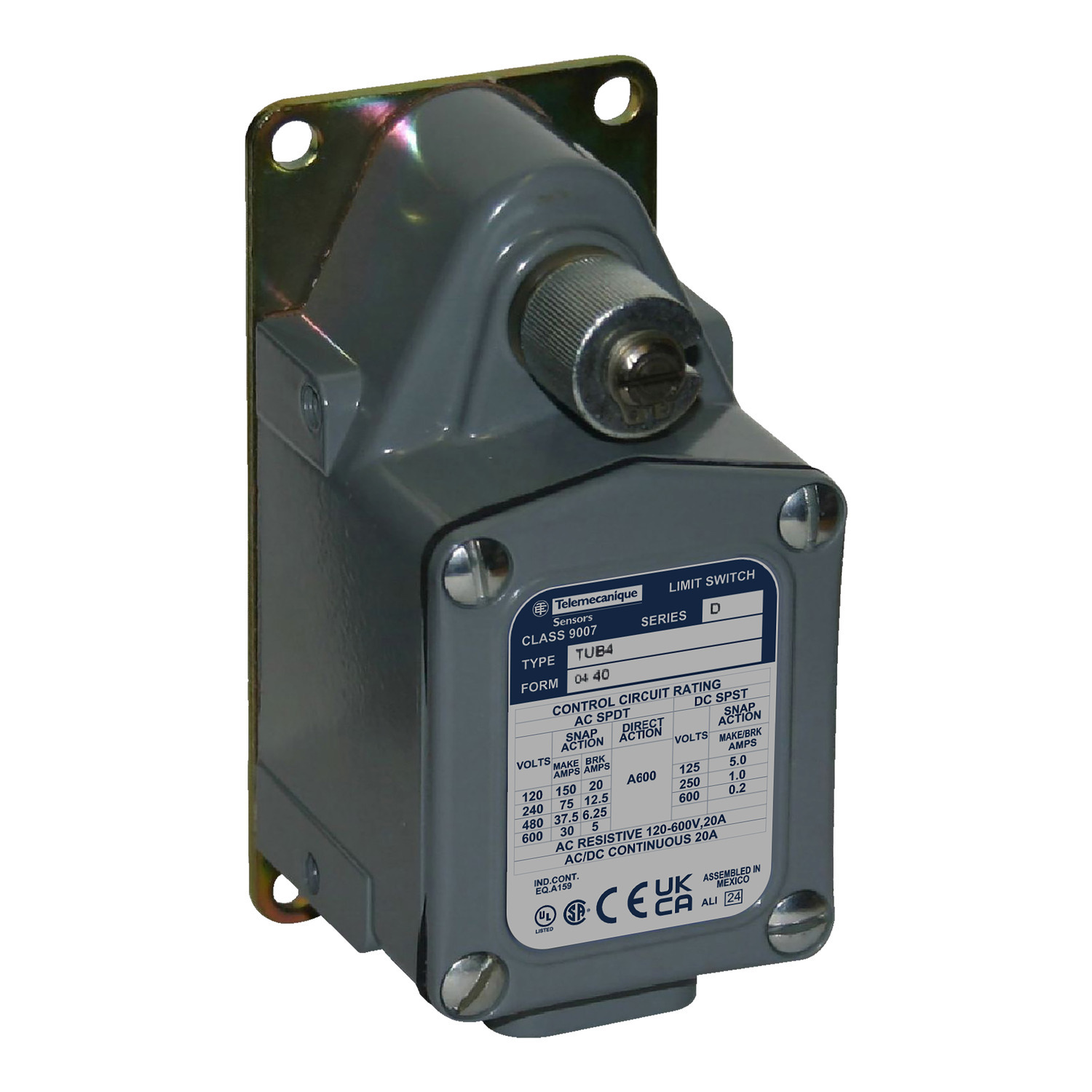 9007TUB4M12 Severe Duty Mill Limit Switch, 600 V AC, 20 A, Lever Actuator, 1CO 1 Form Z SPDT-DB Contact, 1 Poles