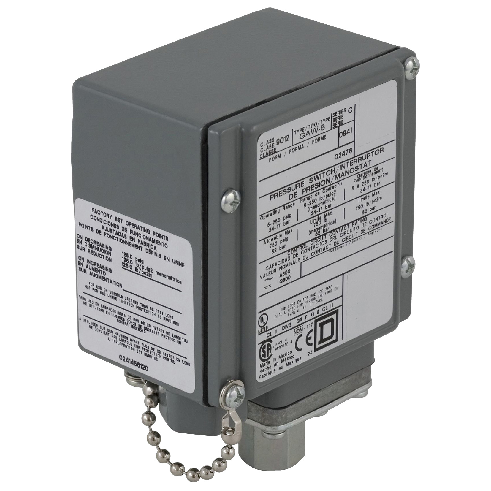Pressure switch 9012G, adjustable scale, 2 thresholds, 1.0 to 40 PSIG