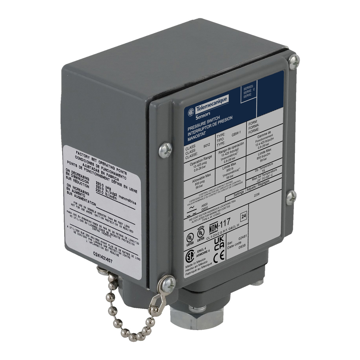 Pressure switch 9012G, adjustable scale, 2 thresholds, 13 to 425 PSIG